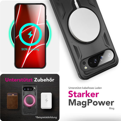 NALIA Magnetische Panzerhülle für Google Pixel 10 Pro – Ring-Halterung 360° & MagSafe kompatibel – STORMGUARD (Outdoor Case) – Marke aus Berlin Vulkanschwarz NALIA Outdoor Hülle