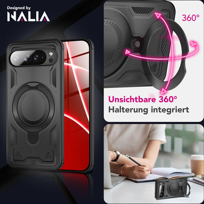 NALIA Hülle Stormguard für Google Pixel 10 Pro (Unzerstörbare Panzerhülle mit MagSafe), Schlagfeste Schutzhülle im Military Look, 360° Ring Ständer, Outdoor Cover Vulkanschwarz NALIA Outdoor Hülle