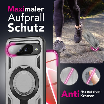NALIA Magnetische Panzerhülle für Google Pixel 10 Pro – Ring-Halterung 360° & MagSafe kompatibel – STORMGUARD (Outdoor Case) – Marke aus Berlin Sturmsilber NALIA Outdoor Hülle