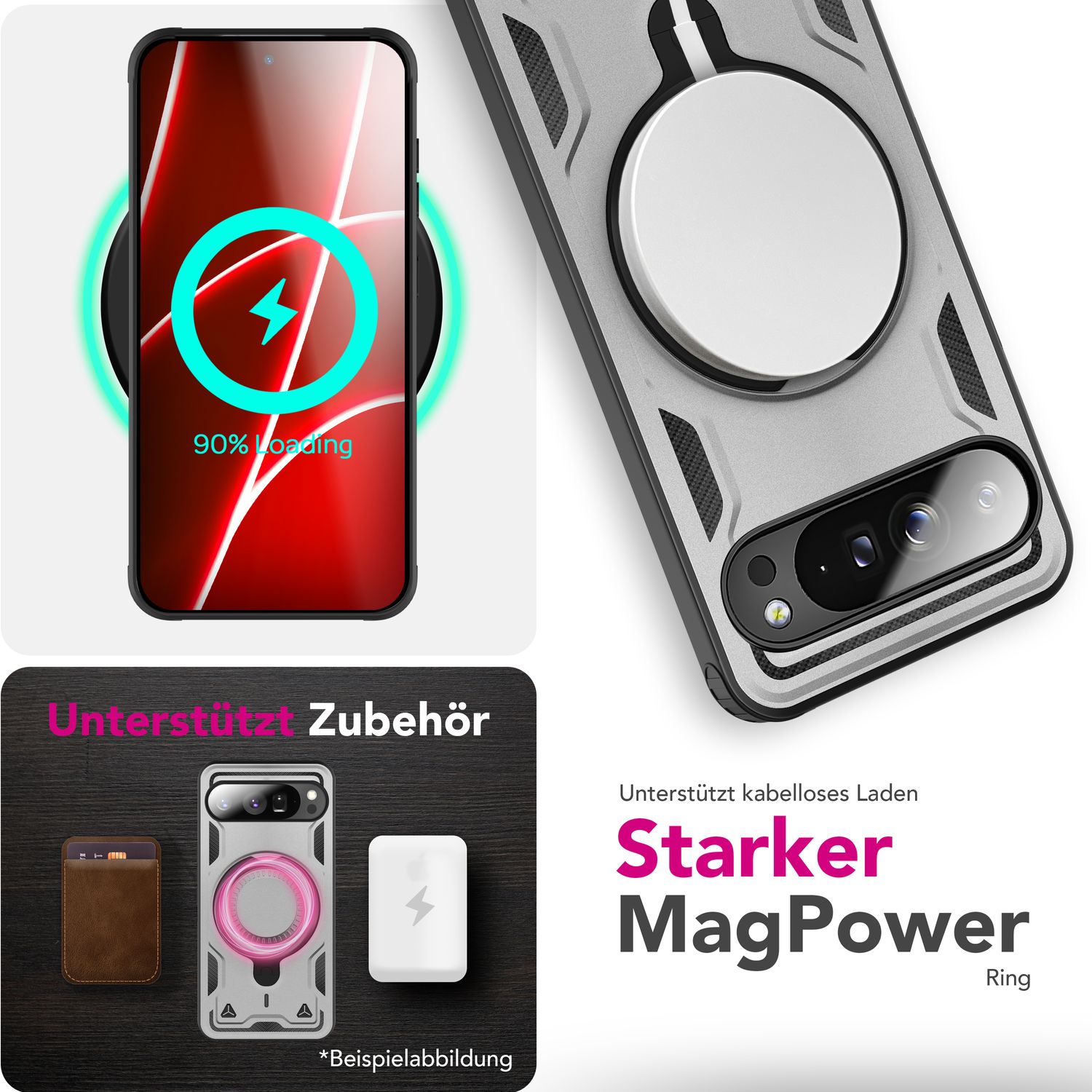 NALIA Hülle Stormguard für Google Pixel 10 Pro (Unzerstörbare Panzerhülle mit MagSafe), Schlagfeste Schutzhülle im Military Look, 360° Ring Ständer, Outdoor Cover Sturmsilber NALIA Outdoor Hülle