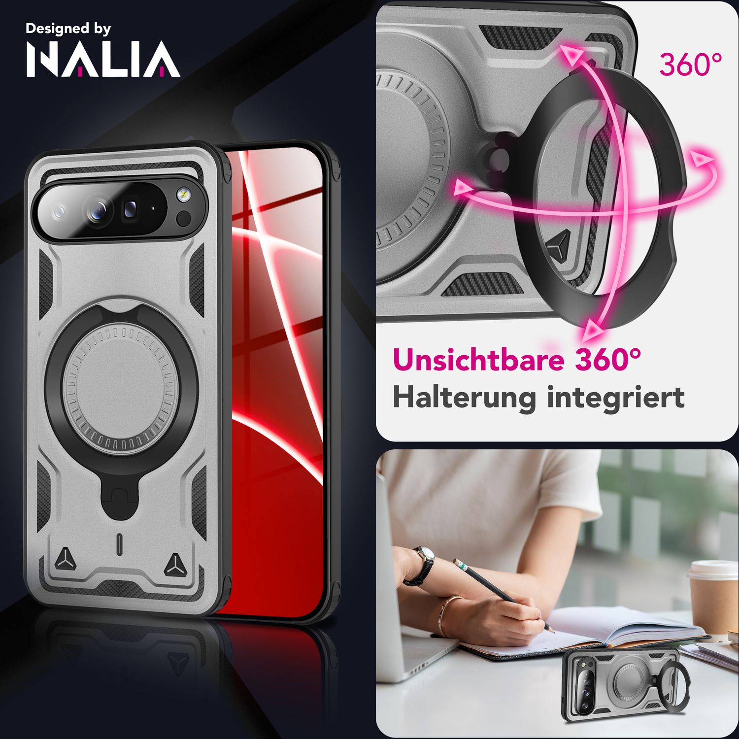 NALIA Hülle Stormguard für Google Pixel 10 Pro (Unzerstörbare Panzerhülle mit MagSafe), Schlagfeste Schutzhülle im Military Look, 360° Ring Ständer, Outdoor Cover Sturmsilber NALIA Outdoor Hülle
