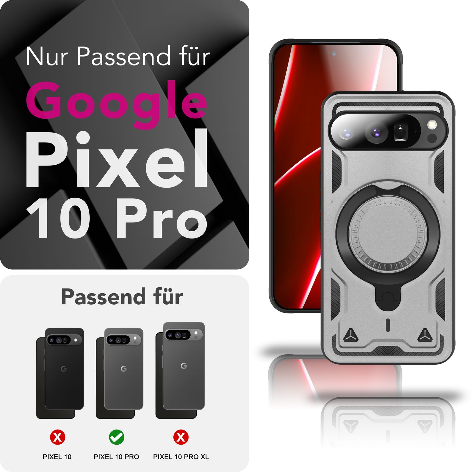 NALIA Hülle Stormguard für Google Pixel 10 Pro (Unzerstörbare Panzerhülle mit MagSafe), Schlagfeste Schutzhülle im Military Look, 360° Ring Ständer, Outdoor Cover Sturmsilber NALIA Outdoor Hülle