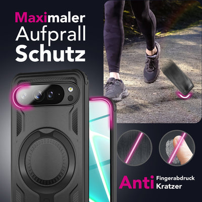 NALIA Magnetische Panzerhülle für Google Pixel 10 Pro XL – Ring-Halterung 360° & MagSafe kompatibel – STORMGUARD (Outdoor Case) – Marke aus Berlin Vulkanschwarz NALIA Outdoor Hülle