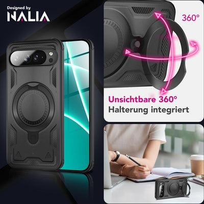 NALIA Magnetische Panzerhülle für Google Pixel 10 Pro XL – Ring-Halterung 360° & MagSafe kompatibel – STORMGUARD (Outdoor Case) – Marke aus Berlin Vulkanschwarz NALIA Outdoor Hülle