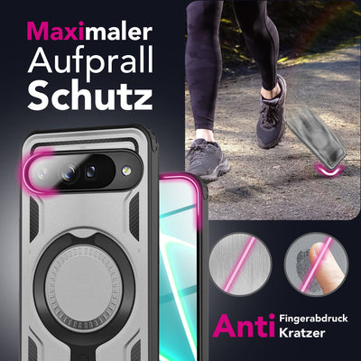 NALIA Magnetische Panzerhülle für Google Pixel 10 Pro XL – Ring-Halterung 360° & MagSafe kompatibel – STORMGUARD (Outdoor Case) – Marke aus Berlin Sturmsilber NALIA Outdoor Hülle