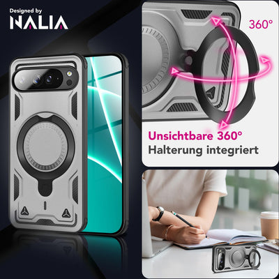 NALIA Magnetische Panzerhülle für Google Pixel 10 Pro XL – Ring-Halterung 360° & MagSafe kompatibel – STORMGUARD (Outdoor Case) – Marke aus Berlin Sturmsilber NALIA Outdoor Hülle