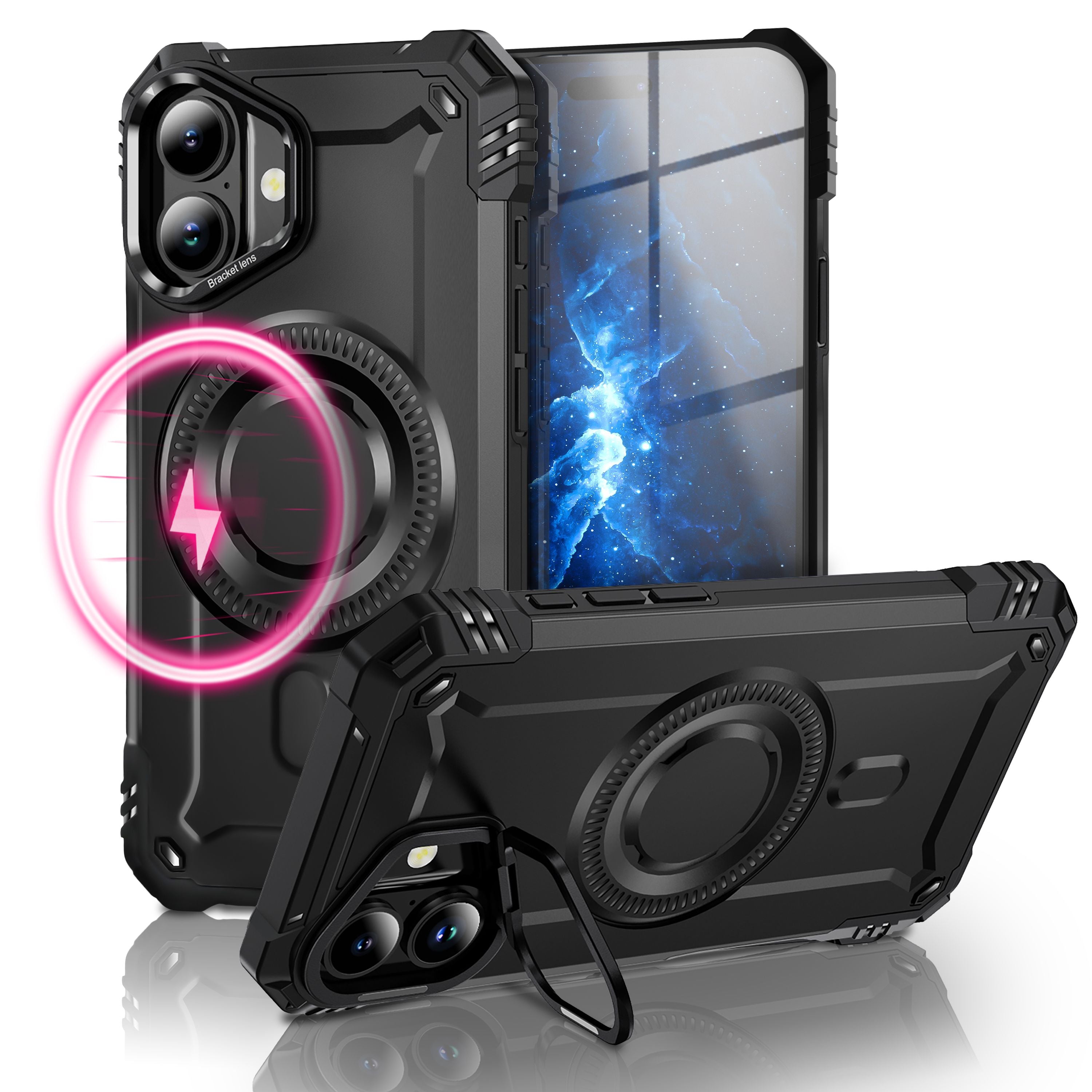 NALIA MagSafe Hülle Granite für Apple iPhone 17 (Militär-Panzer) - Stoßfestes Armor Case, Robuste Schutzhülle mit Kickstand, Heavy Duty Cover, Aufprallschutz - Vulkanschwarz