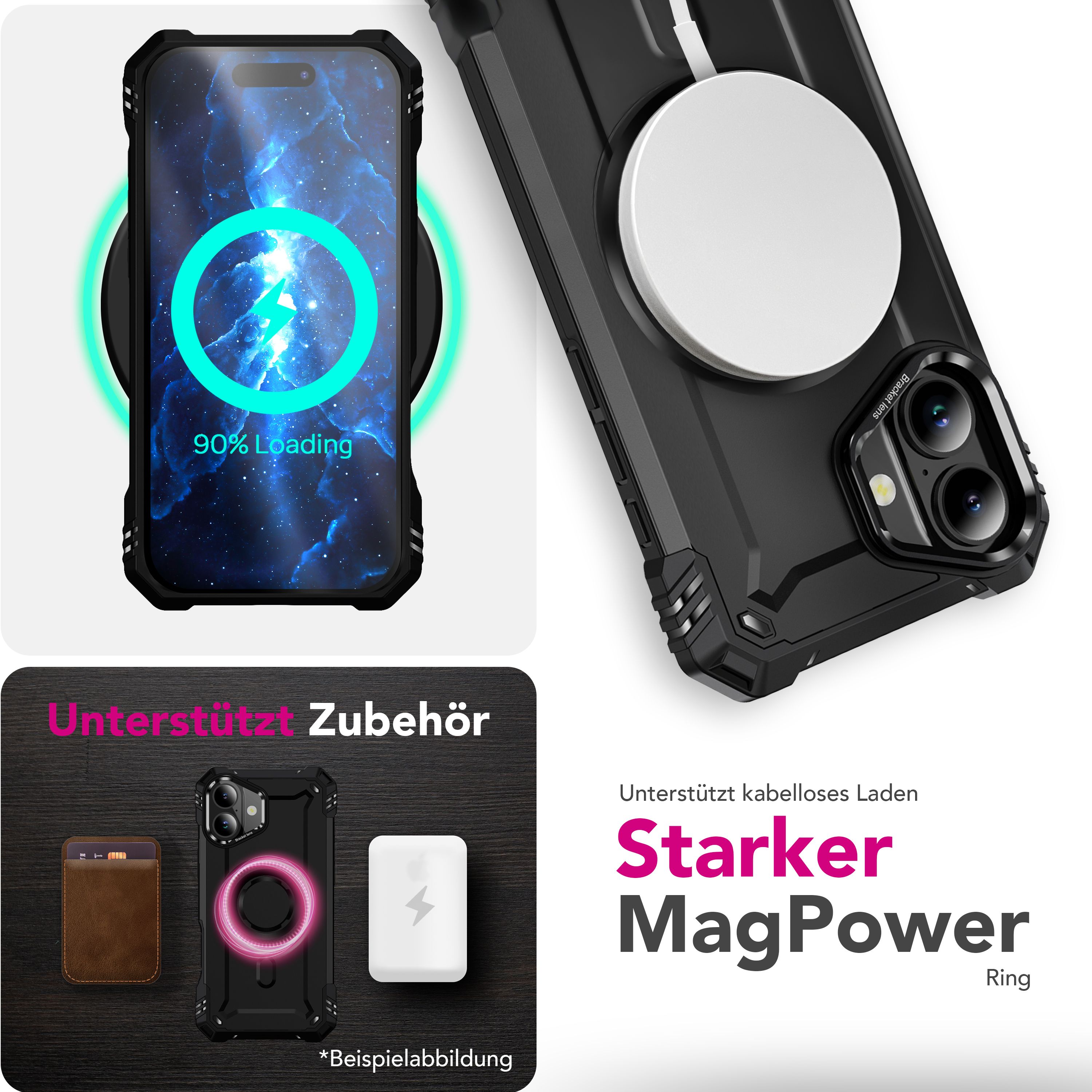 NALIA MagSafe Hülle Granite für Apple iPhone 17 (Militär-Panzer) - Stoßfestes Armor Case, Robuste Schutzhülle mit Kickstand, Heavy Duty Cover, Aufprallschutz - Vulkanschwarz