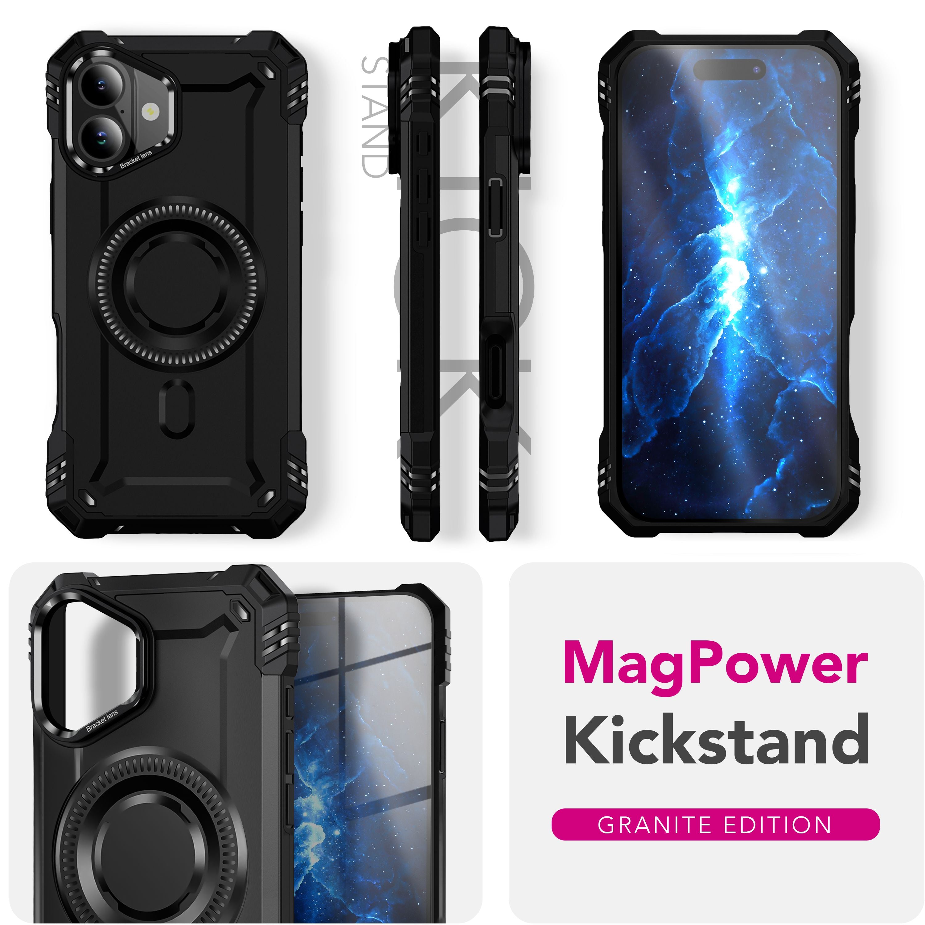 NALIA MagSafe Hülle Granite für Apple iPhone 17 (Militär-Panzer) - Stoßfestes Armor Case, Robuste Schutzhülle mit Kickstand, Heavy Duty Cover, Aufprallschutz - Vulkanschwarz