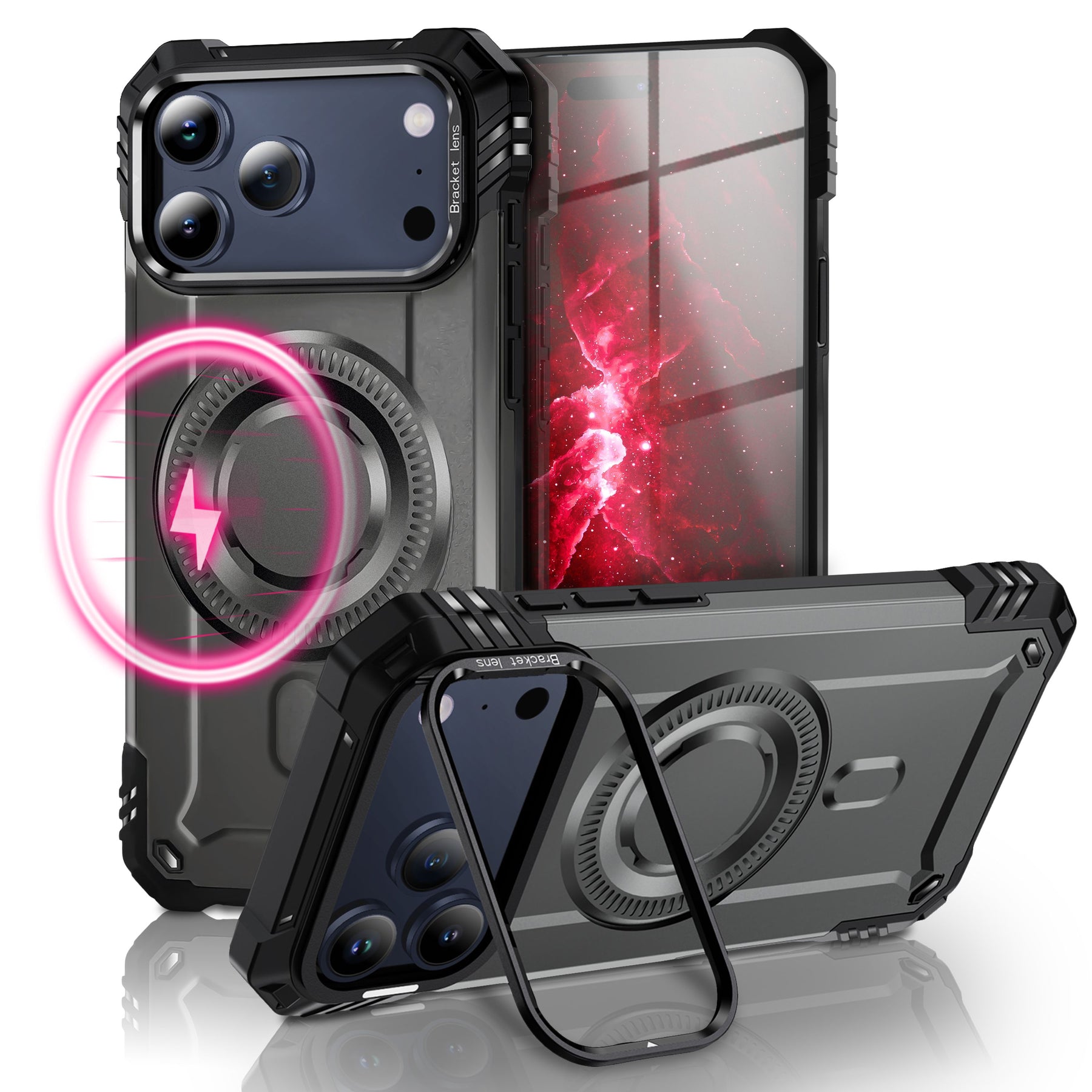 NALIA Magnetische Panzerhülle für iPhone 17 Pro – MagSafe kompatibel & Kamera-Stand – GRANITE (Outdoor Schutzhülle Stoßfest) – Marke aus Berlin Sturmgrau NALIA Outdoor Hülle
