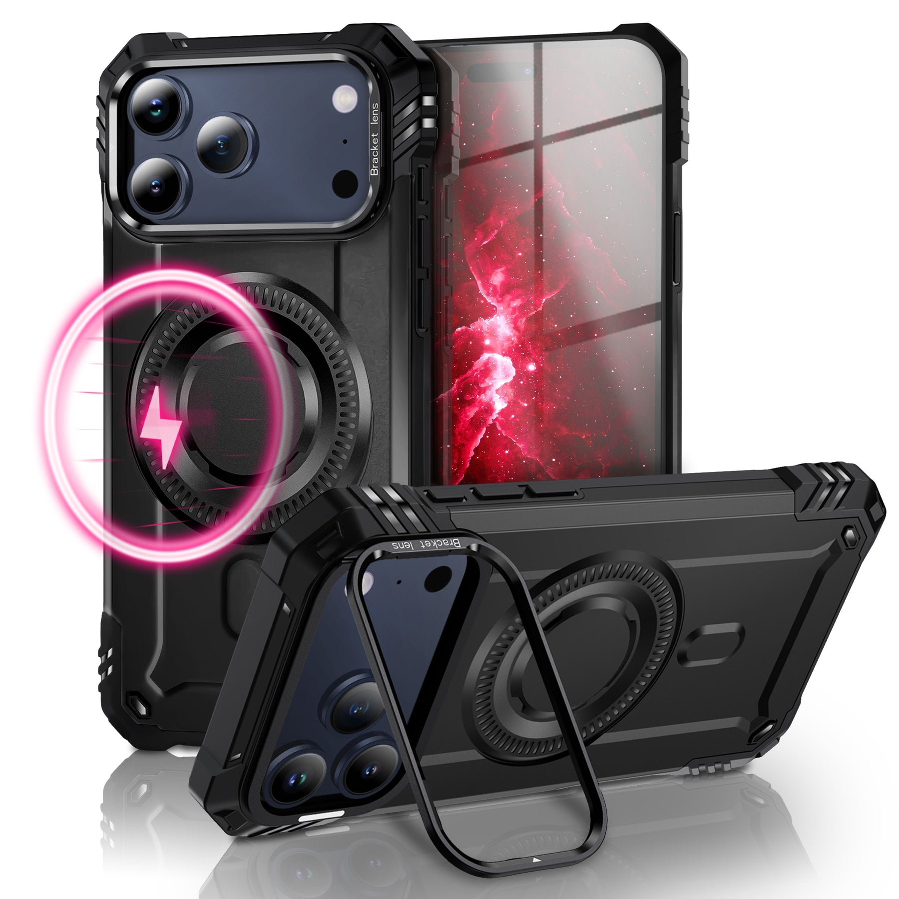 NALIA Magnetische Panzerhülle für iPhone 17 Pro – MagSafe kompatibel & Kamera-Stand – GRANITE (Outdoor Schutzhülle Stoßfest) – Marke aus Berlin Vulkanschwarz NALIA Outdoor Hülle