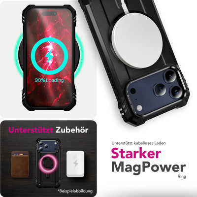 NALIA Magnetische Panzerhülle für iPhone 17 Pro – MagSafe kompatibel & Kamera-Stand – GRANITE (Outdoor Schutzhülle Stoßfest) – Marke aus Berlin Vulkanschwarz NALIA Outdoor Hülle