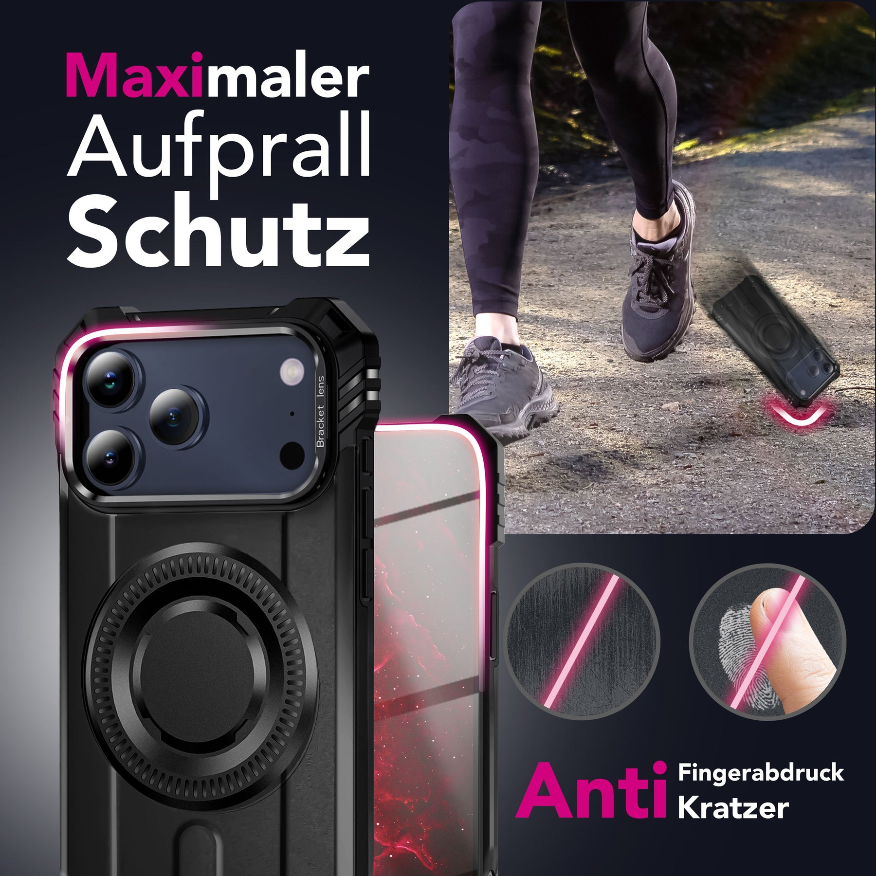 NALIA Magnetische Panzerhülle für iPhone 17 Pro – MagSafe kompatibel & Kamera-Stand – GRANITE (Outdoor Schutzhülle Stoßfest) – Marke aus Berlin Vulkanschwarz NALIA Outdoor Hülle