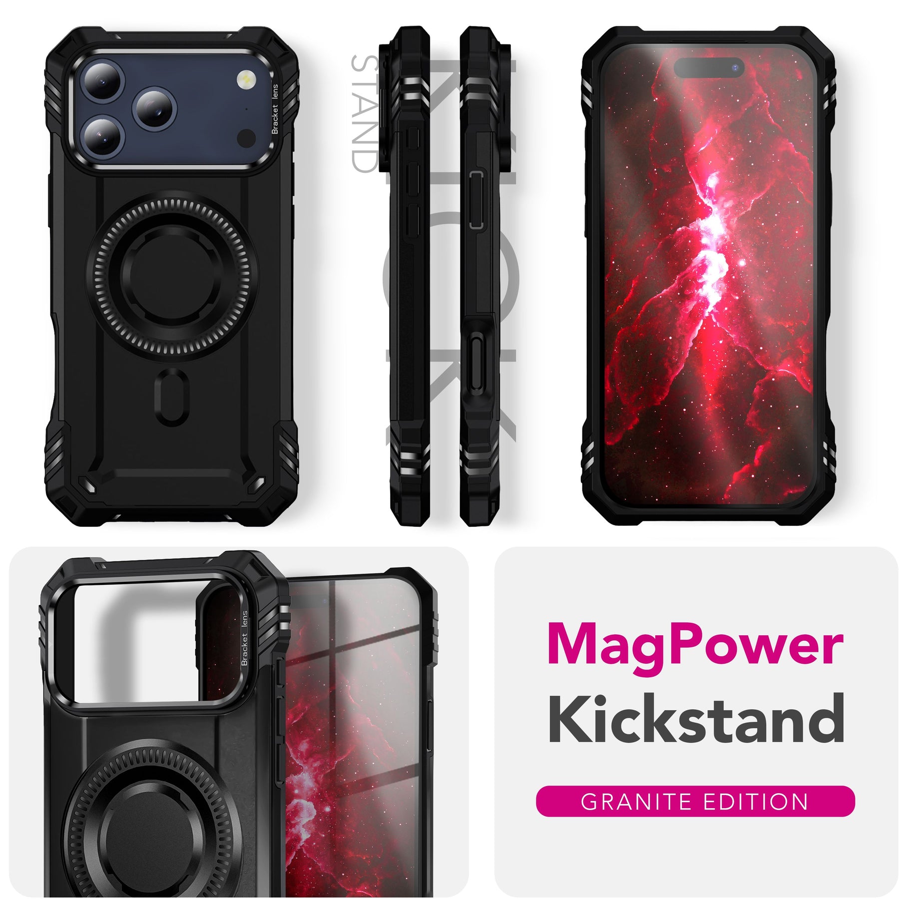 NALIA Magnetische Panzerhülle für iPhone 17 Pro – MagSafe kompatibel & Kamera-Stand – GRANITE (Outdoor Schutzhülle Stoßfest) – Marke aus Berlin Vulkanschwarz NALIA Outdoor Hülle