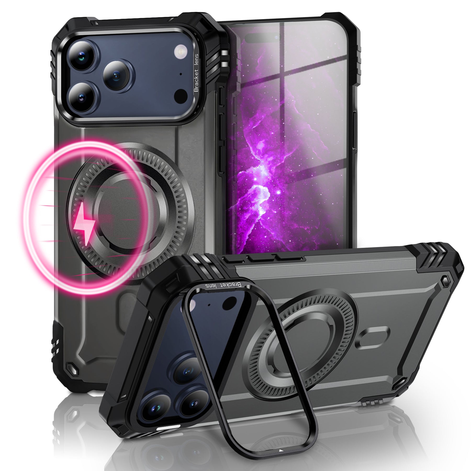 NALIA Magnetische Panzerhülle für iPhone 17 Pro Max – MagSafe kompatibel & Kamera-Stand – GRANITE (Outdoor Schutzhülle Stoßfest) – Marke aus Berlin Sturmgrau NALIA Outdoor Hülle