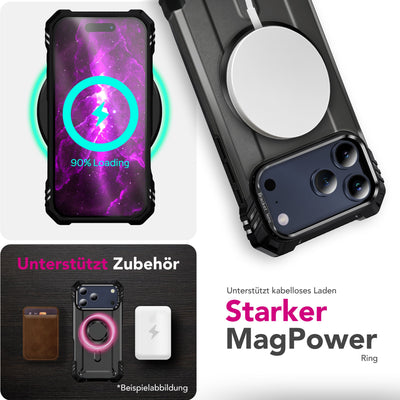 NALIA Magnetische Panzerhülle für iPhone 17 Pro Max – MagSafe kompatibel & Kamera-Stand – GRANITE (Outdoor Schutzhülle Stoßfest) – Marke aus Berlin Sturmgrau NALIA Outdoor Hülle