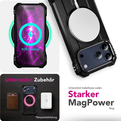 NALIA Magnetische Panzerhülle für iPhone 17 Pro Max – MagSafe kompatibel & Kamera-Stand – GRANITE (Outdoor Schutzhülle Stoßfest) – Marke aus Berlin Vulkanschwarz NALIA Outdoor Hülle