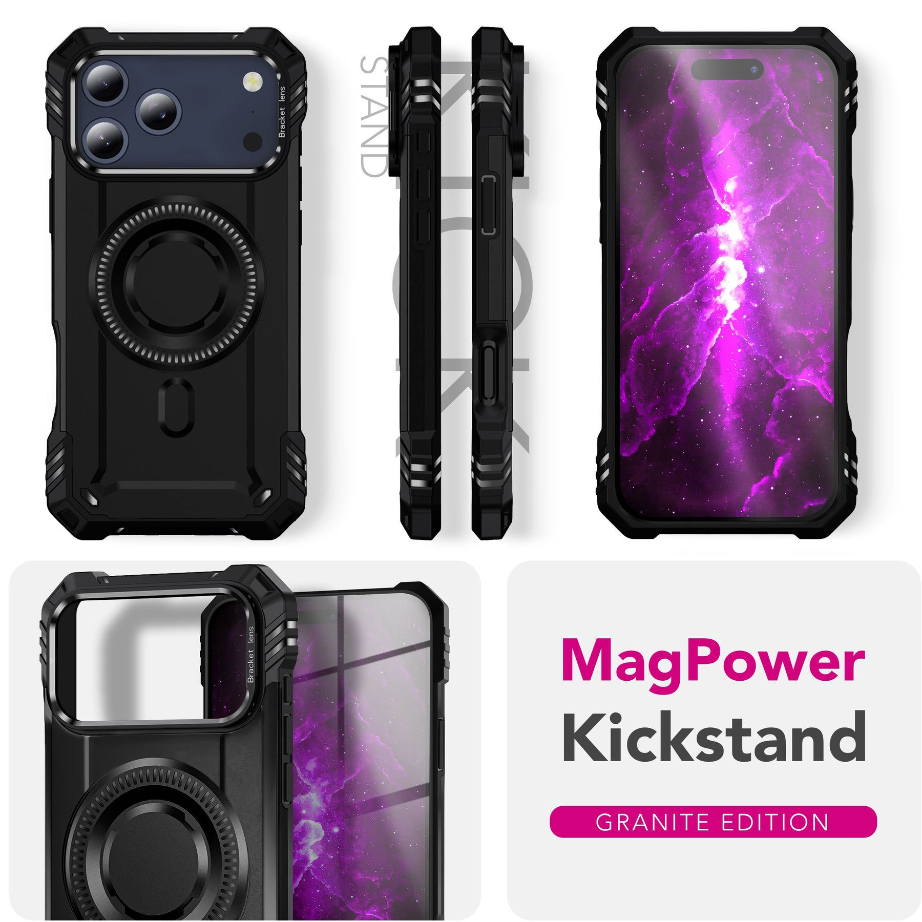 NALIA Magnetische Panzerhülle für iPhone 17 Pro Max – MagSafe kompatibel & Kamera-Stand – GRANITE (Outdoor Schutzhülle Stoßfest) – Marke aus Berlin Vulkanschwarz NALIA Outdoor Hülle