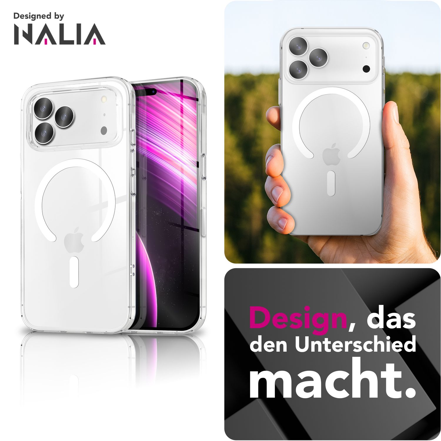 NALIA MagSafe Hülle Lumex für Apple iPhone 17 Pro Max (Kristallklar mit MagPower) - Transparentes Cover mit Magnet-Ring, Schlankes PC-Case & TPU-Rahmen, Stoßfest, Anti-Gelb, Klar