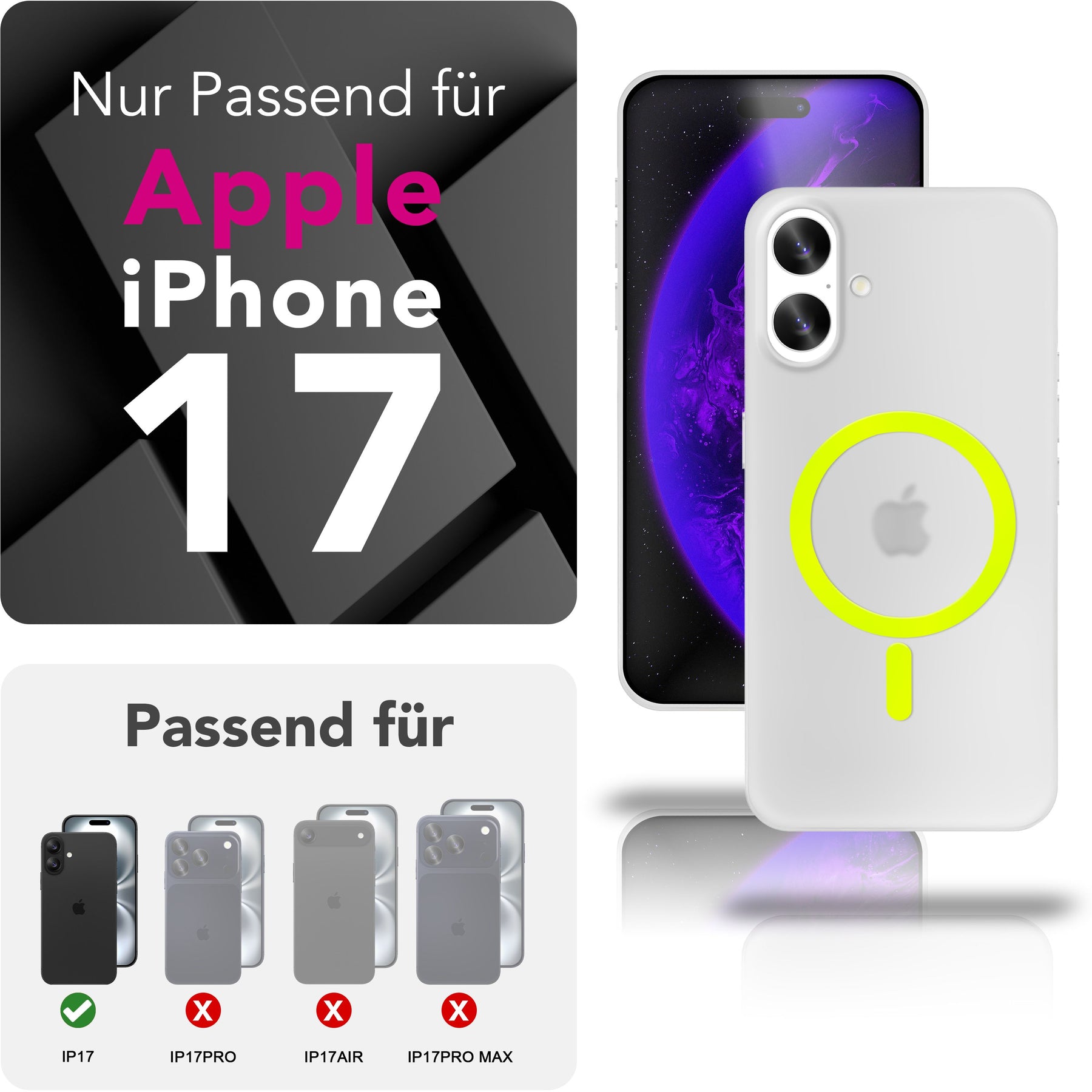 NALIA Ultra Slim Hardcase für iPhone 17 – MagSafe Kompatibel & Nachleuchtender Ring – THINIX GLOW (Matt-Transparent & 0,3mm Dünn) – Marke aus Berlin Neon Gelb Transparent NALIA SlimFit Hüllen