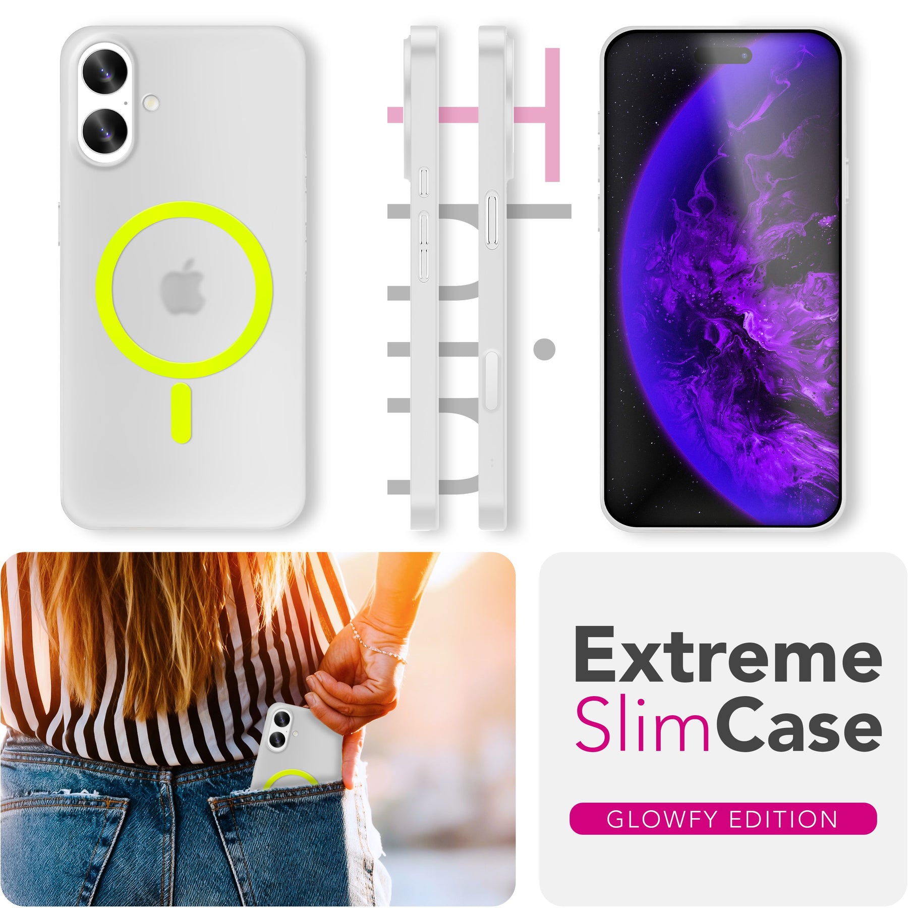 NALIA Ultra Slim Hardcase für iPhone 17 – MagSafe Kompatibel & Nachleuchtender Ring – THINIX GLOW (Matt-Transparent & 0,3mm Dünn) – Marke aus Berlin Neon Gelb Transparent NALIA SlimFit Hüllen