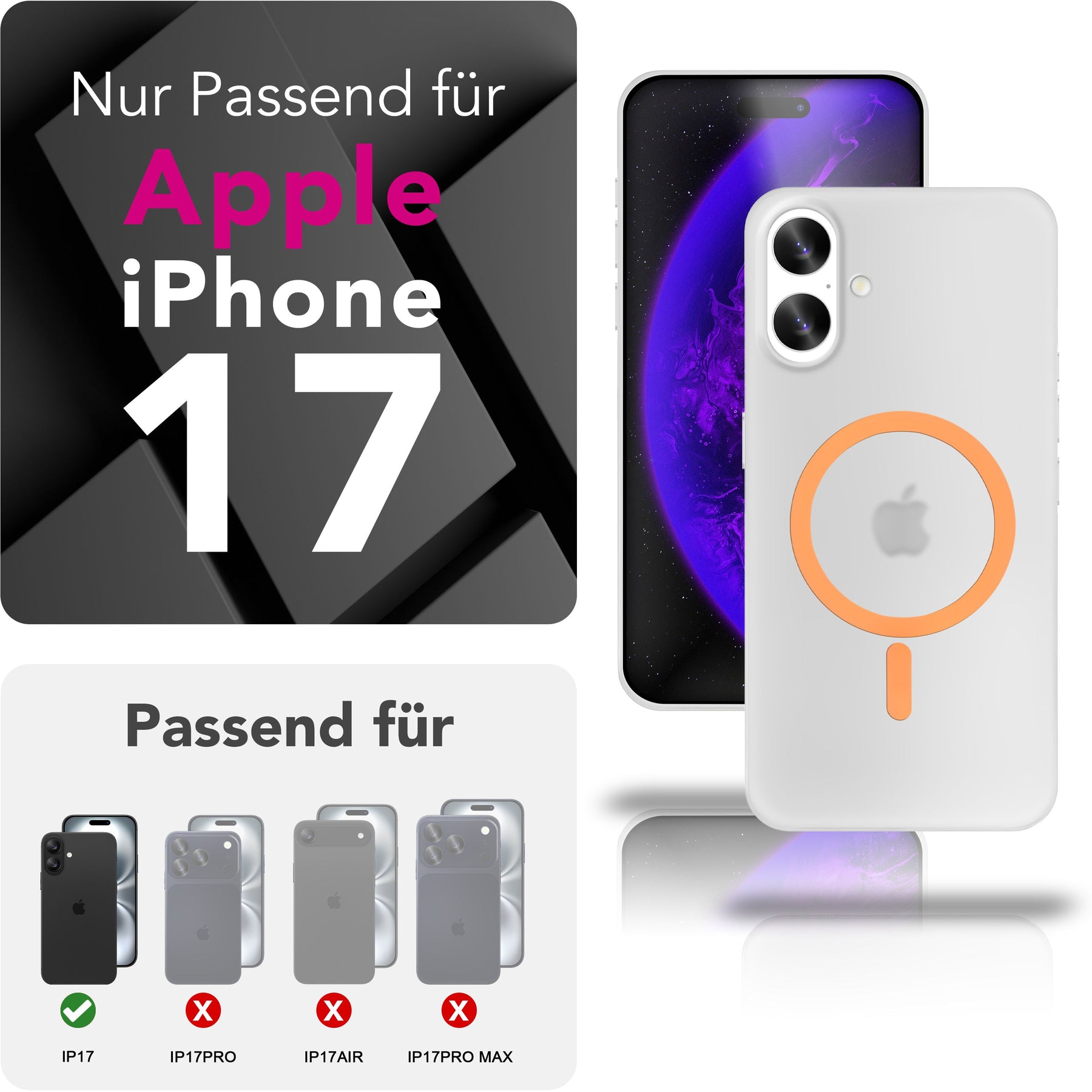 NALIA Ultra Slim Hardcase für iPhone 17 – MagSafe Kompatibel & Nachleuchtender Ring – THINIX GLOW (Matt-Transparent & 0,3mm Dünn) – Marke aus Berlin Neon Orange Transparent NALIA SlimFit Hüllen