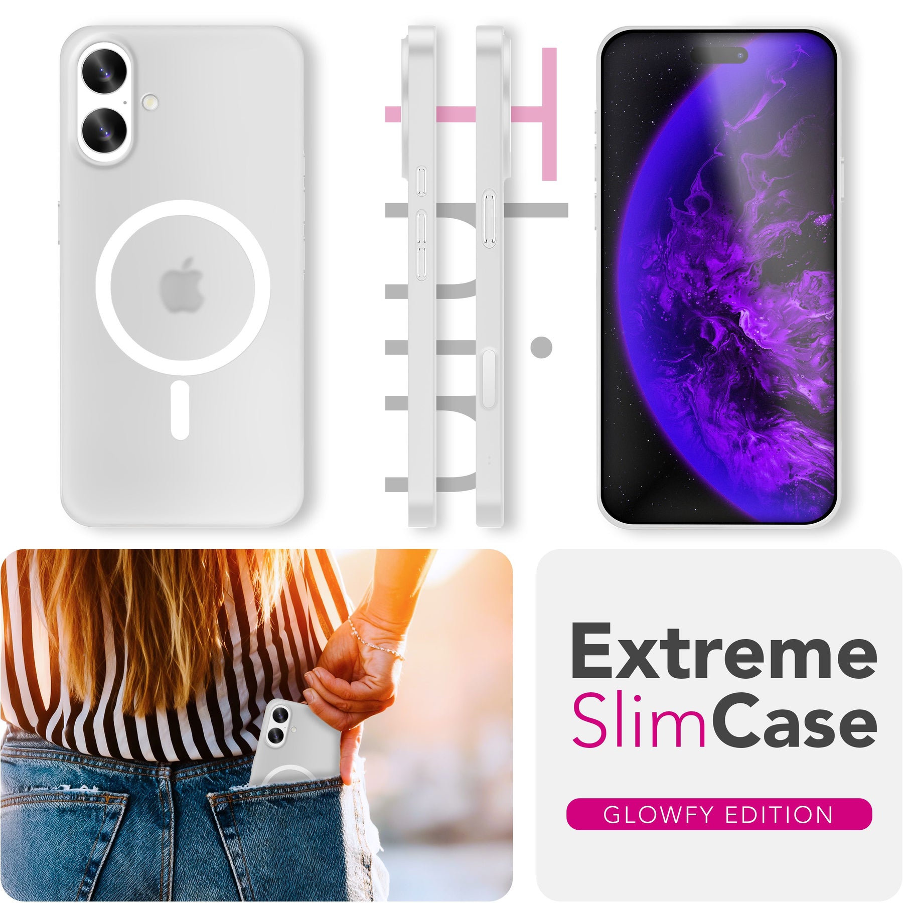 NALIA Ultra Slim Hardcase für iPhone 17 – MagSafe Kompatibel & Nachleuchtender Ring – THINIX GLOW (Matt-Transparent & 0,3mm Dünn) – Marke aus Berlin Neon Weiß Transparent NALIA SlimFit Hüllen