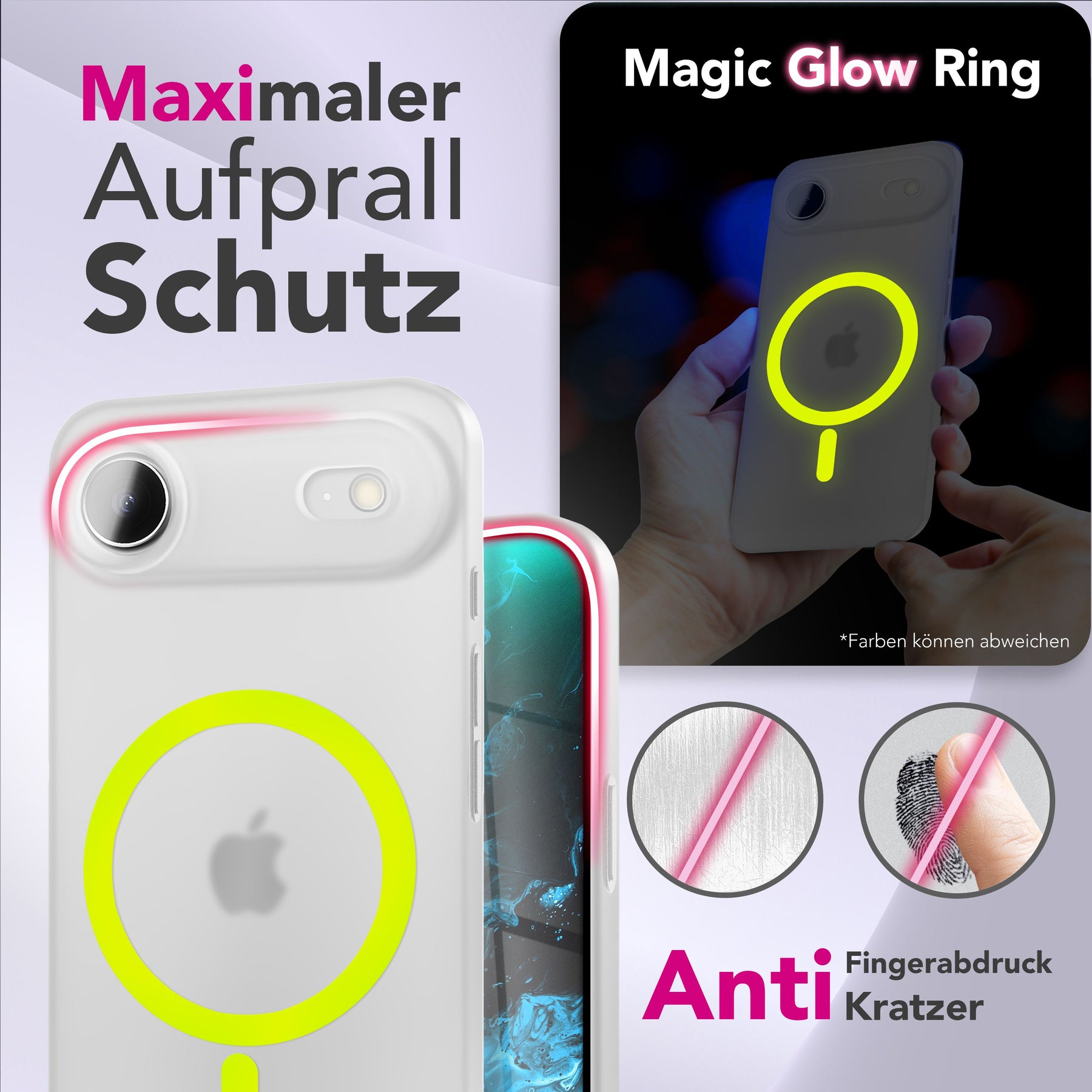NALIA Ultra Slim Hardcase für iPhone 17 Air – MagSafe Kompatibel & Nachleuchtender Ring – THINIX GLOW (Matt-Transparent & 0,3mm Dünn) – Marke aus Berlin Neon Gelb Transparent NALIA SlimFit Hüllen