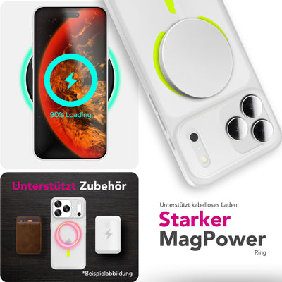 NALIA Ultra Slim Hardcase für iPhone 17 Pro – MagSafe Kompatibel & Nachleuchtender Ring – THINIX GLOW (Matt-Transparent & 0,3mm Dünn) – Marke aus Berlin Neon Gelb Transparent NALIA SlimFit Hüllen