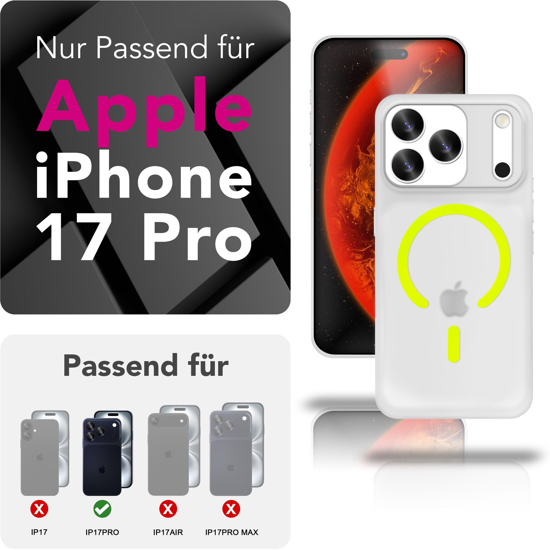 NALIA Ultra Slim Hardcase für iPhone 17 Pro – MagSafe Kompatibel & Nachleuchtender Ring – THINIX GLOW (Matt-Transparent & 0,3mm Dünn) – Marke aus Berlin Neon Gelb Transparent NALIA SlimFit Hüllen