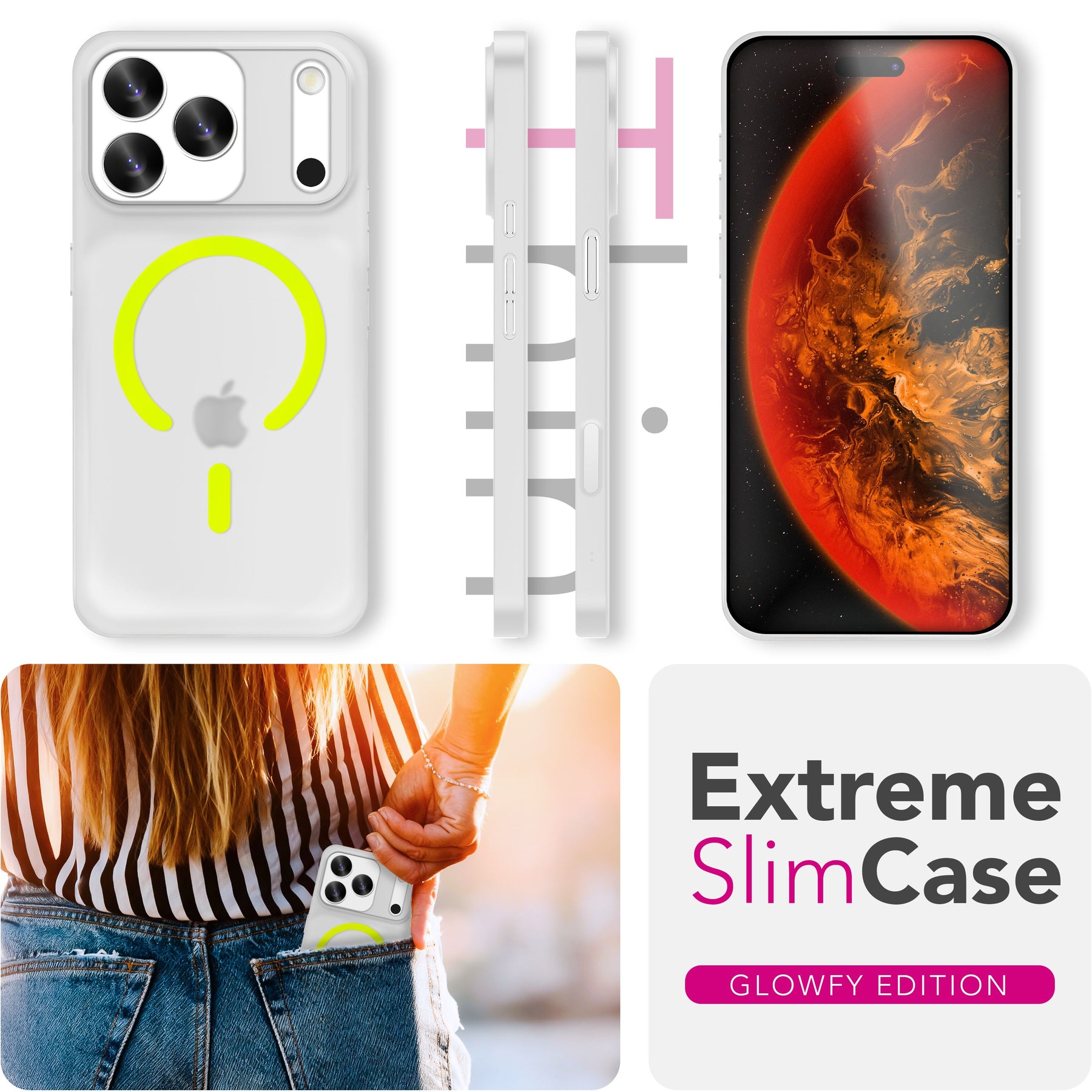NALIA Ultra Slim Hardcase für iPhone 17 Pro – MagSafe Kompatibel & Nachleuchtender Ring – THINIX GLOW (Matt-Transparent & 0,3mm Dünn) – Marke aus Berlin Neon Gelb Transparent NALIA SlimFit Hüllen