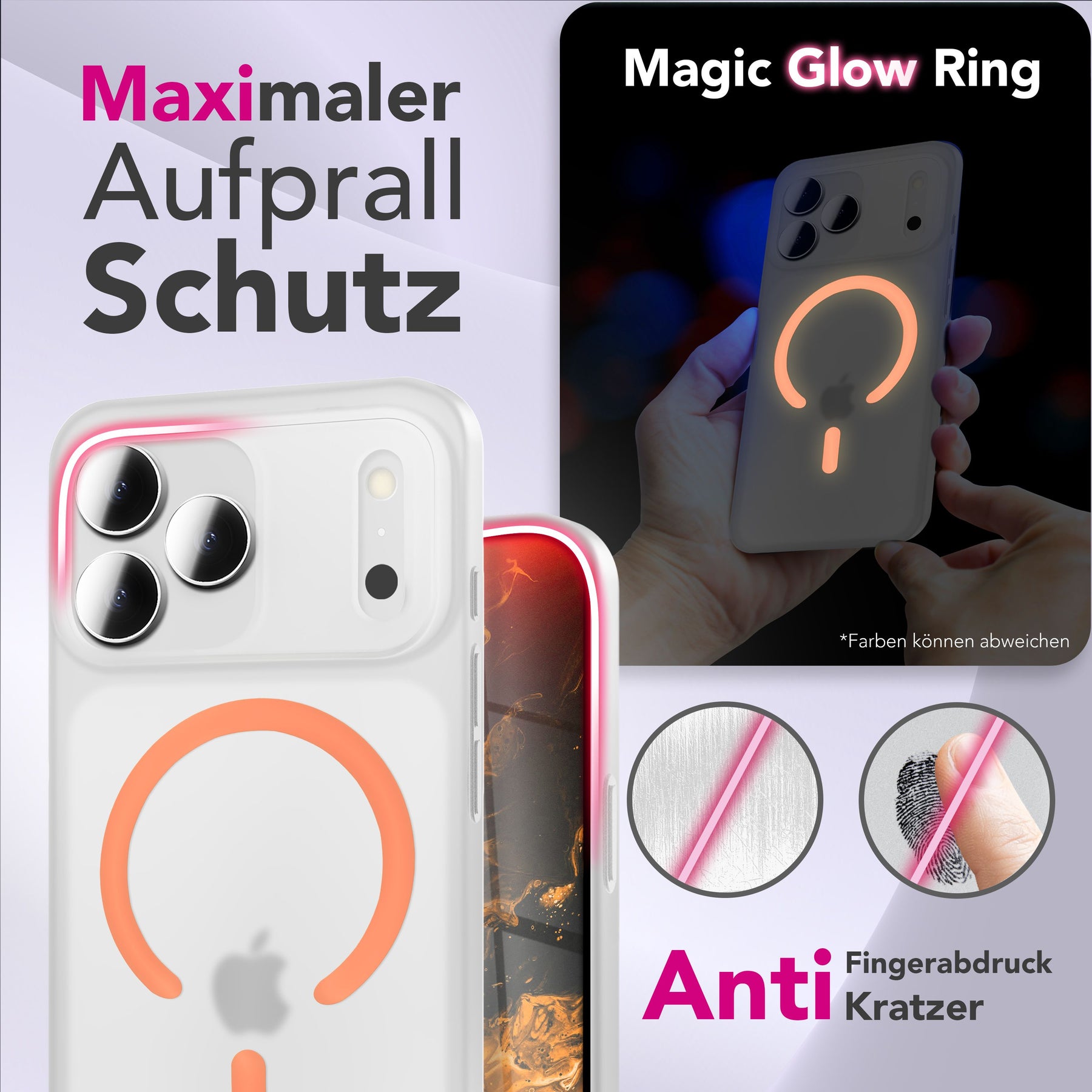 NALIA Ultra Slim Hardcase für iPhone 17 Pro – MagSafe Kompatibel & Nachleuchtender Ring – THINIX GLOW (Matt-Transparent & 0,3mm Dünn) – Marke aus Berlin Neon Orange Transparent NALIA SlimFit Hüllen