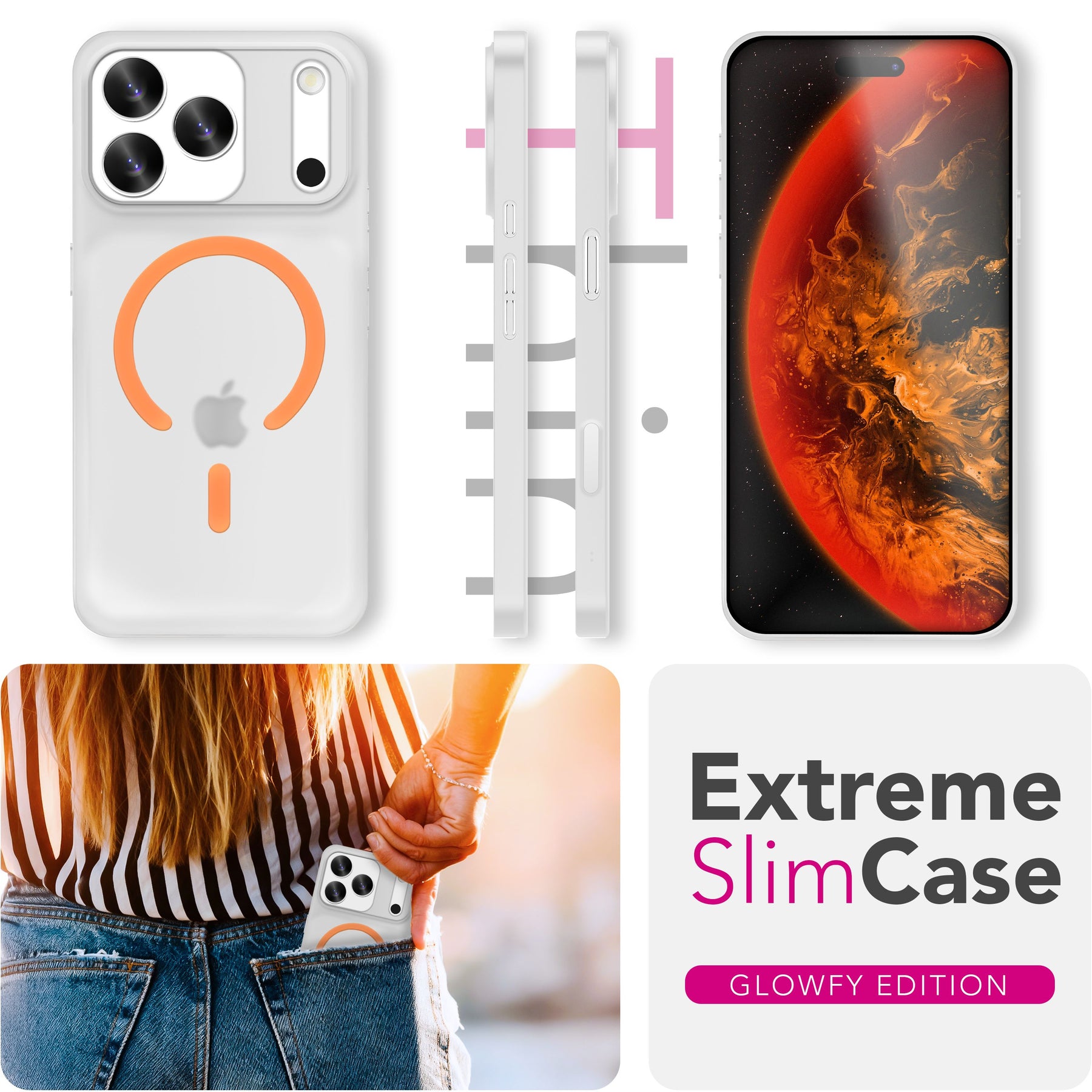 NALIA Ultra Slim Hardcase für iPhone 17 Pro – MagSafe Kompatibel & Nachleuchtender Ring – THINIX GLOW (Matt-Transparent & 0,3mm Dünn) – Marke aus Berlin Neon Orange Transparent NALIA SlimFit Hüllen