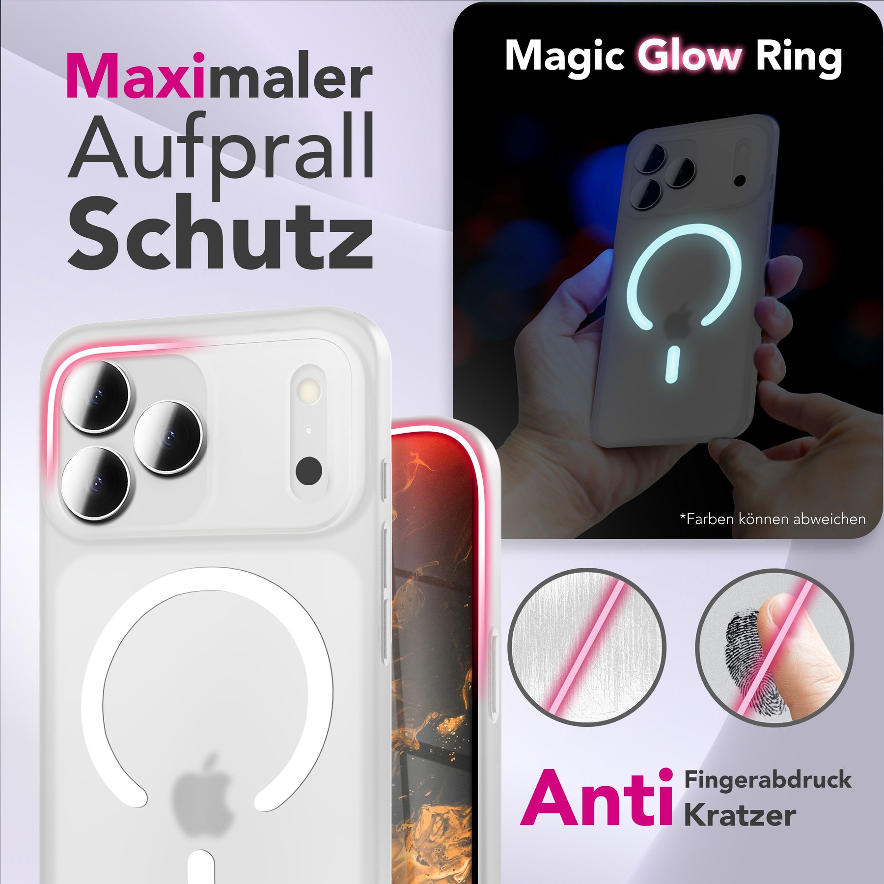 NALIA Ultra Slim Hardcase für iPhone 17 Pro – MagSafe Kompatibel & Nachleuchtender Ring – THINIX GLOW (Matt-Transparent & 0,3mm Dünn) – Marke aus Berlin Neon Weiß Transparent NALIA SlimFit Hüllen