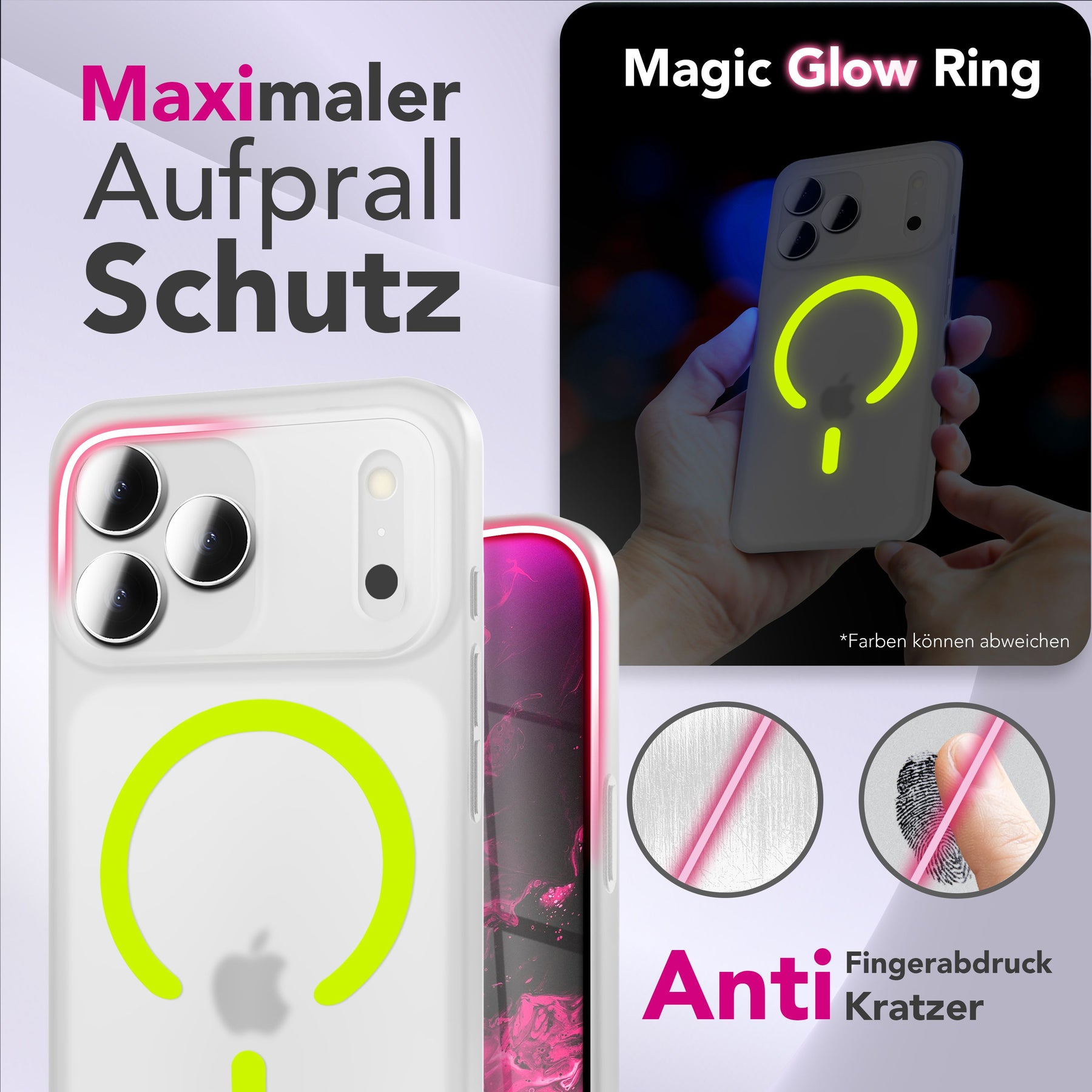 NALIA Ultra Slim Hardcase für iPhone 17 Pro Max – MagSafe Kompatibel & Nachleuchtender Ring – THINIX GLOW (Matt-Transparent & 0,3mm Dünn) – Marke aus Berlin Neon Gelb Transparent NALIA SlimFit Hüllen