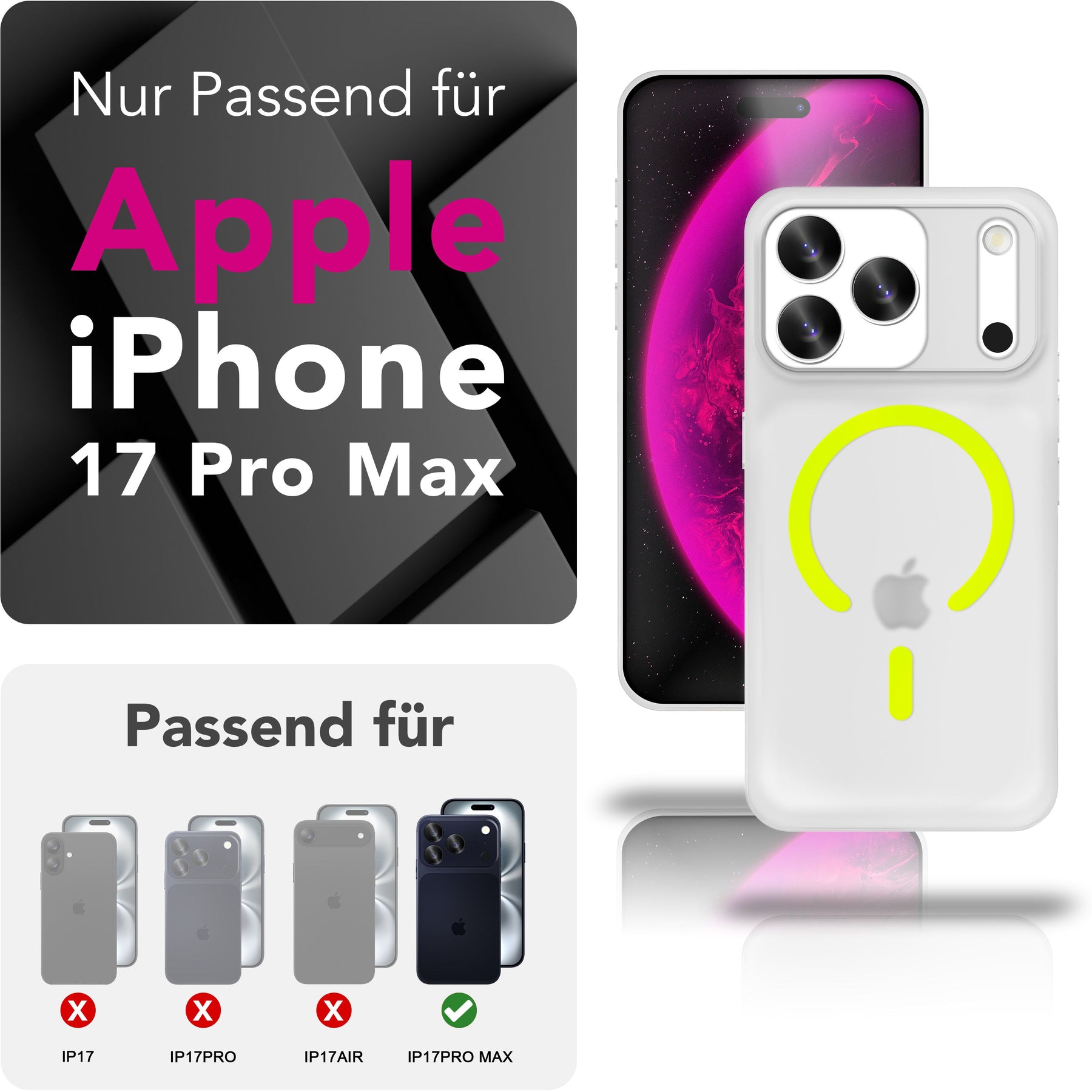 NALIA Ultra Slim Hardcase für iPhone 17 Pro Max – MagSafe Kompatibel & Nachleuchtender Ring – THINIX GLOW (Matt-Transparent & 0,3mm Dünn) – Marke aus Berlin Neon Gelb Transparent NALIA SlimFit Hüllen