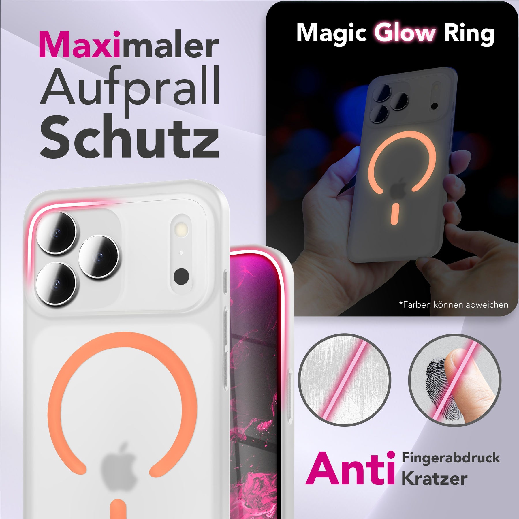 NALIA Ultra Slim Hardcase für iPhone 17 Pro Max – MagSafe Kompatibel & Nachleuchtender Ring – THINIX GLOW (Matt-Transparent & 0,3mm Dünn) – Marke aus Berlin Neon Orange Transparent NALIA SlimFit Hüllen