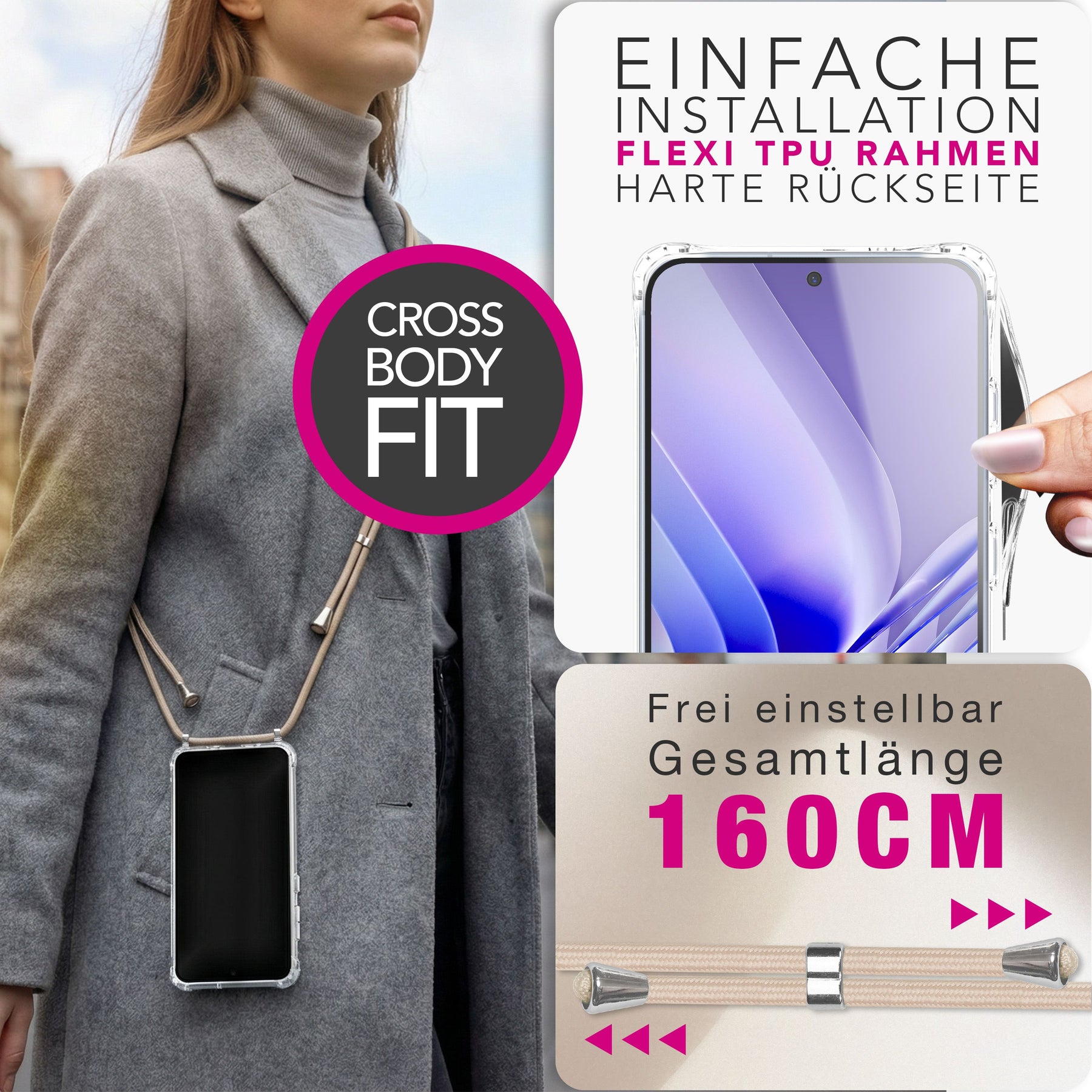 NALIA Handykette für Samsung Galaxy S26 – Transparentes Hybrid-Case & Band – HANGIT PRO (Anti-Gelb Rückseite & Verstellbar) – Marke aus Berlin Sandstein Beige NALIA Klare Hüllen