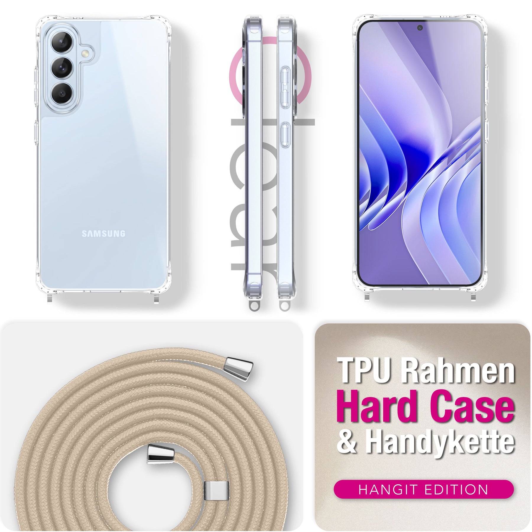 NALIA Handykette für Samsung Galaxy S26 – Transparentes Hybrid-Case & Band – HANGIT PRO (Anti-Gelb Rückseite & Verstellbar) – Marke aus Berlin Sandstein Beige NALIA Klare Hüllen