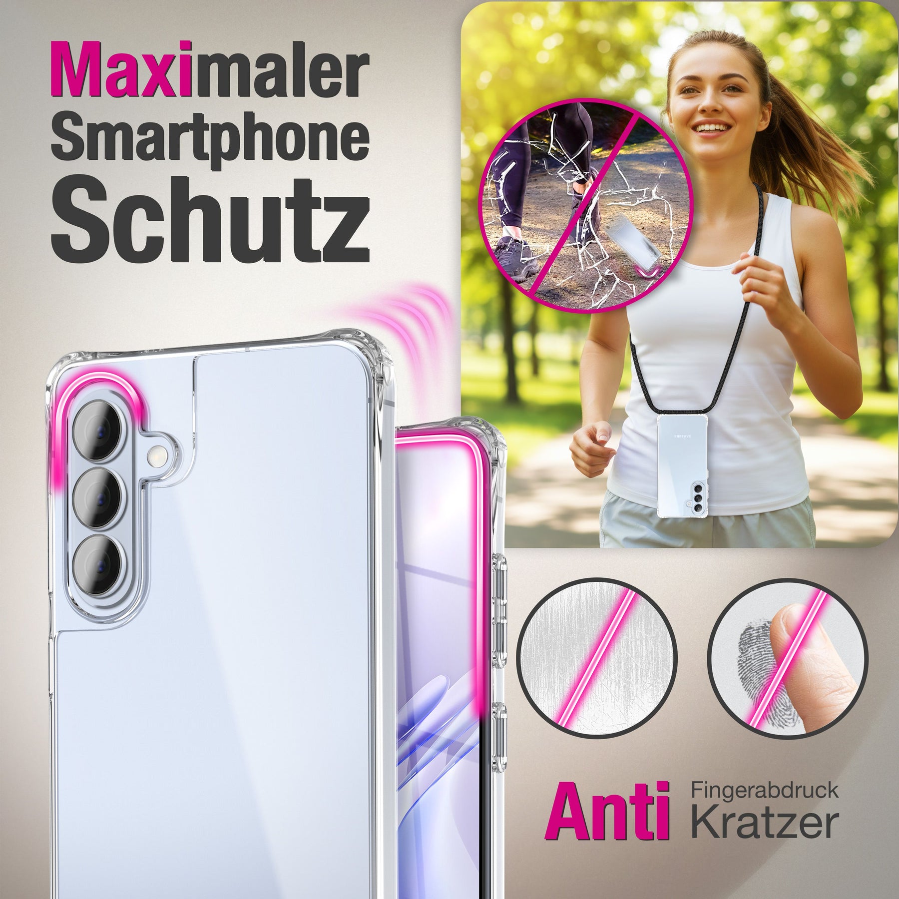 NALIA Handykette für Samsung Galaxy S26 – Transparentes Hybrid-Case & Band – HANGIT PRO (Anti-Gelb Rückseite & Verstellbar) – Marke aus Berlin Sandstein Beige NALIA Klare Hüllen