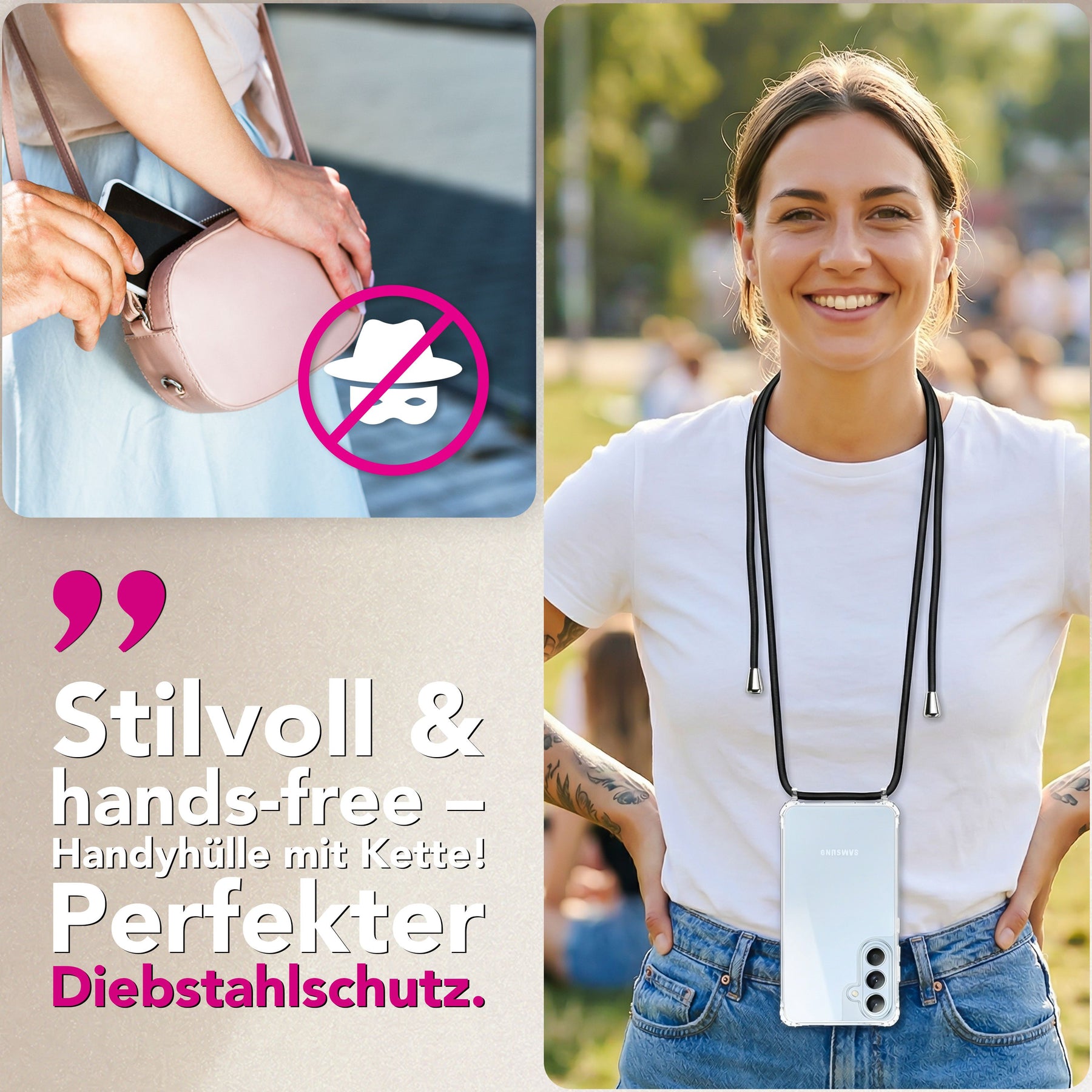 NALIA Handykette für Samsung Galaxy S26 – Transparentes Hybrid-Case & Band – HANGIT PRO (Anti-Gelb Rückseite & Verstellbar) – Marke aus Berlin Sandstein Beige NALIA Klare Hüllen