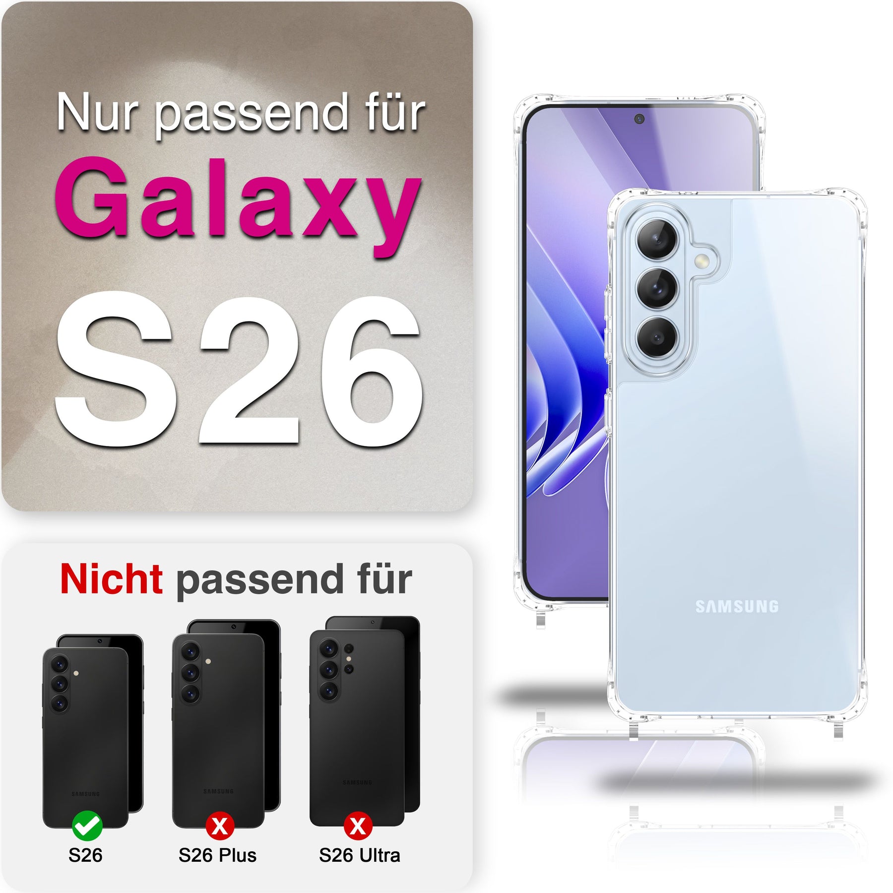 NALIA Handykette für Samsung Galaxy S26 – Transparentes Hybrid-Case & Band – HANGIT PRO (Anti-Gelb Rückseite & Verstellbar) – Marke aus Berlin Sandstein Beige NALIA Klare Hüllen