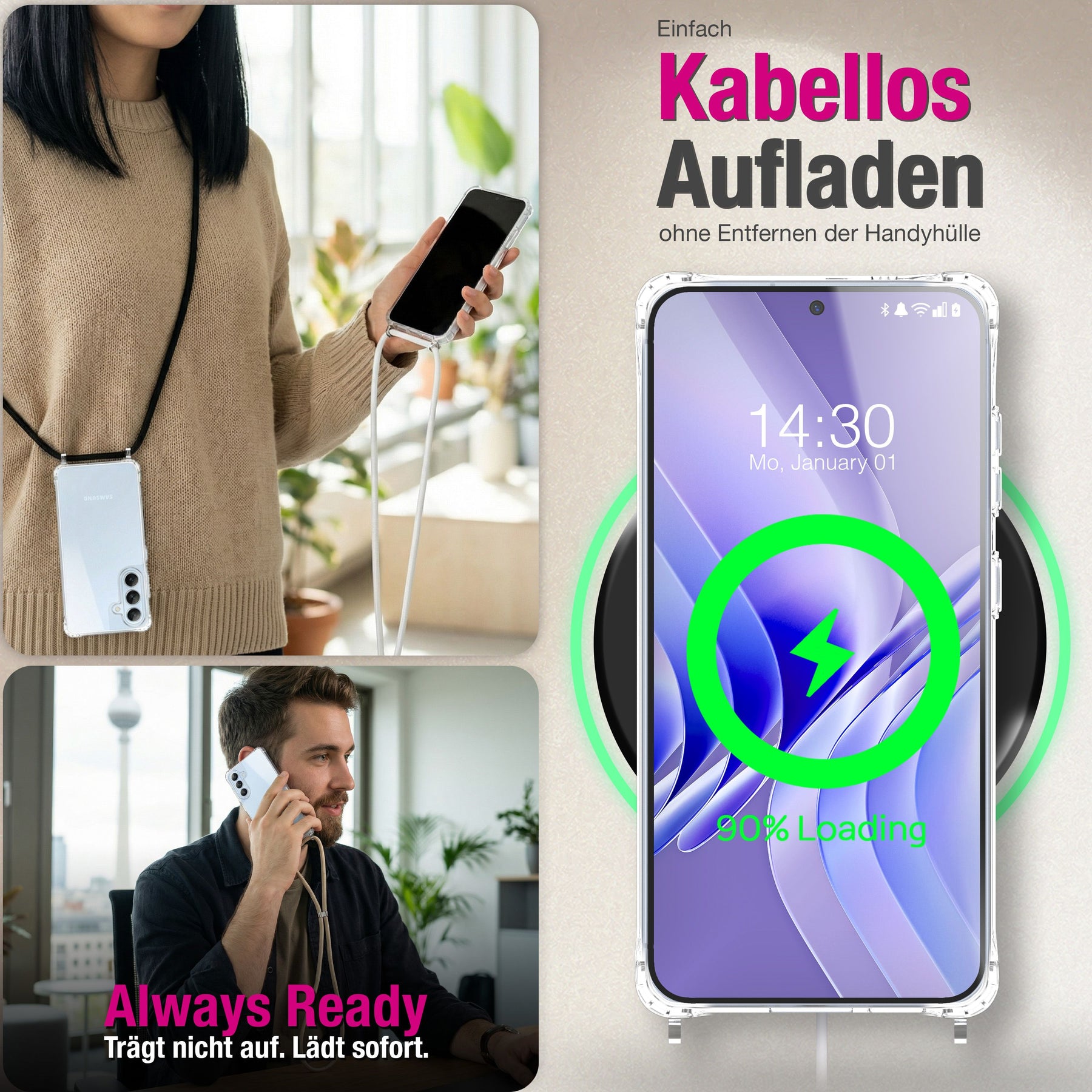 NALIA Handykette für Samsung Galaxy S26 – Transparentes Hybrid-Case & Band – HANGIT PRO (Anti-Gelb Rückseite & Verstellbar) – Marke aus Berlin Sandstein Beige NALIA Klare Hüllen
