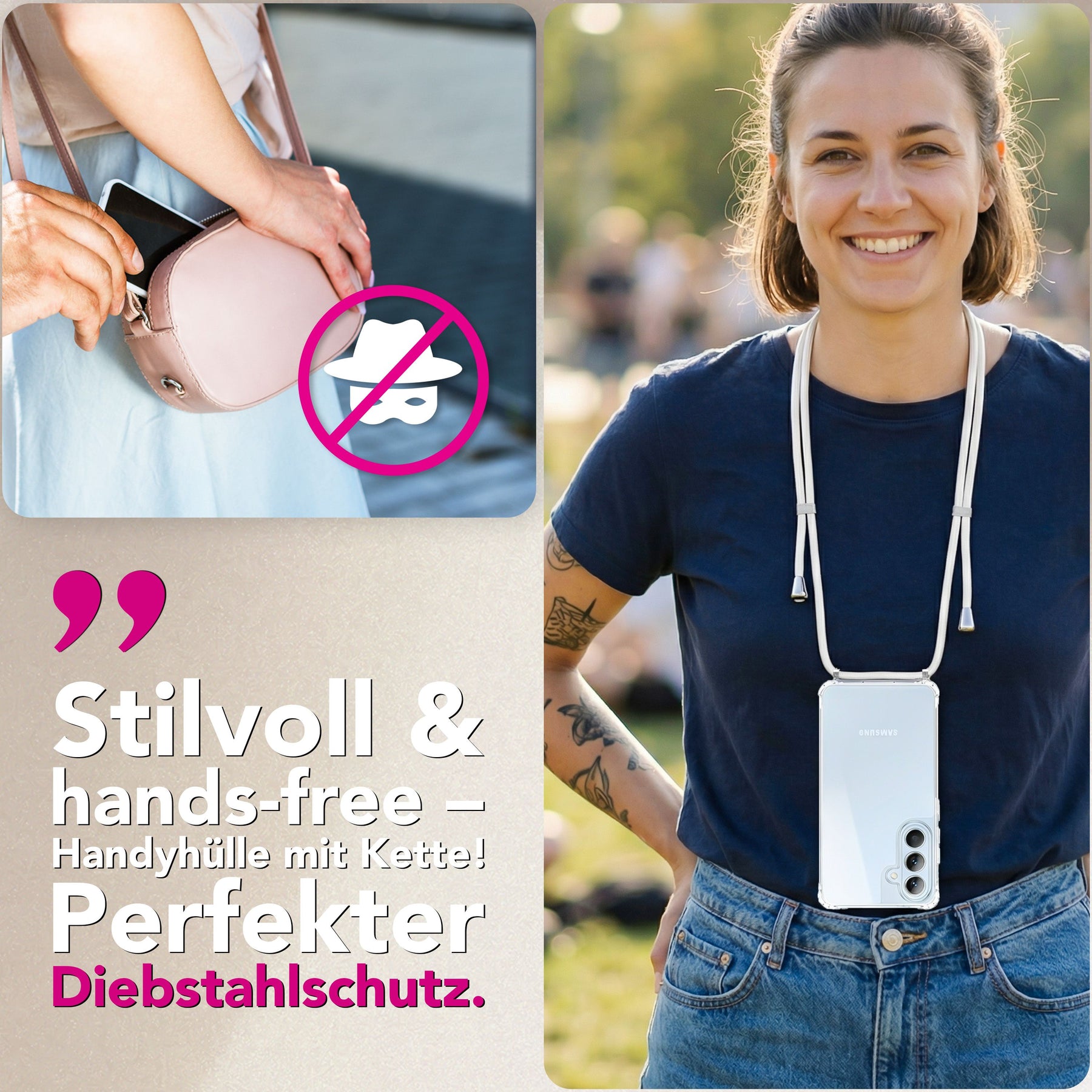 NALIA Handykette für Samsung Galaxy S26 – Transparentes Hybrid-Case & Band – HANGIT PRO (Anti-Gelb Rückseite & Verstellbar) – Marke aus Berlin Sandstein Beige NALIA Klare Hüllen