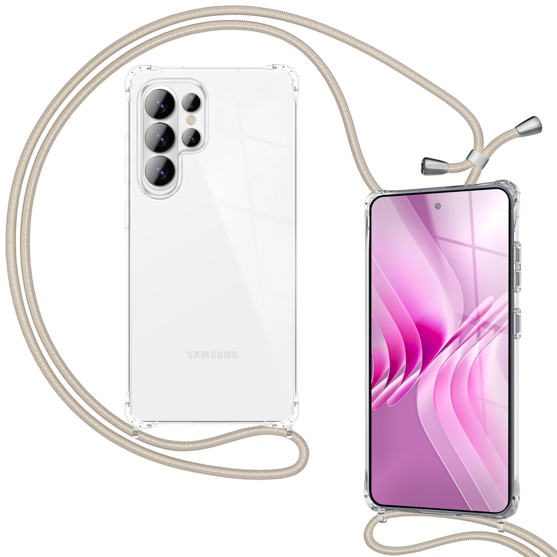 NALIA Handykette für Samsung Galaxy S26 Ultra – Transparentes Hybrid-Case & Band – HANGIT PRO (Anti-Gelb Rückseite & Verstellbar) – Marke aus Berlin Sandstein Beige NALIA Klare Hüllen
