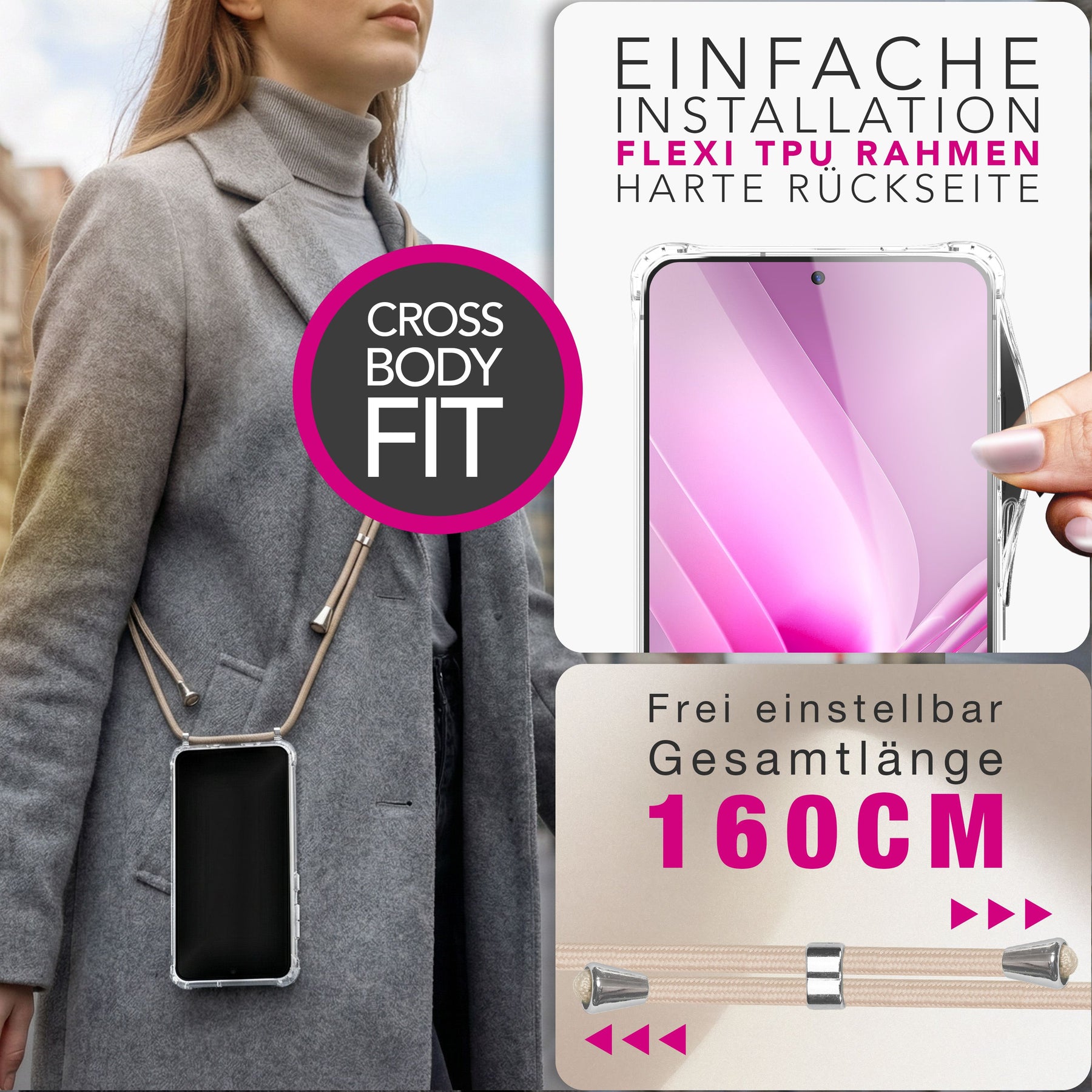 NALIA Handykette für Samsung Galaxy S26 Ultra – Transparentes Hybrid-Case & Band – HANGIT PRO (Anti-Gelb Rückseite & Verstellbar) – Marke aus Berlin Sandstein Beige NALIA Klare Hüllen
