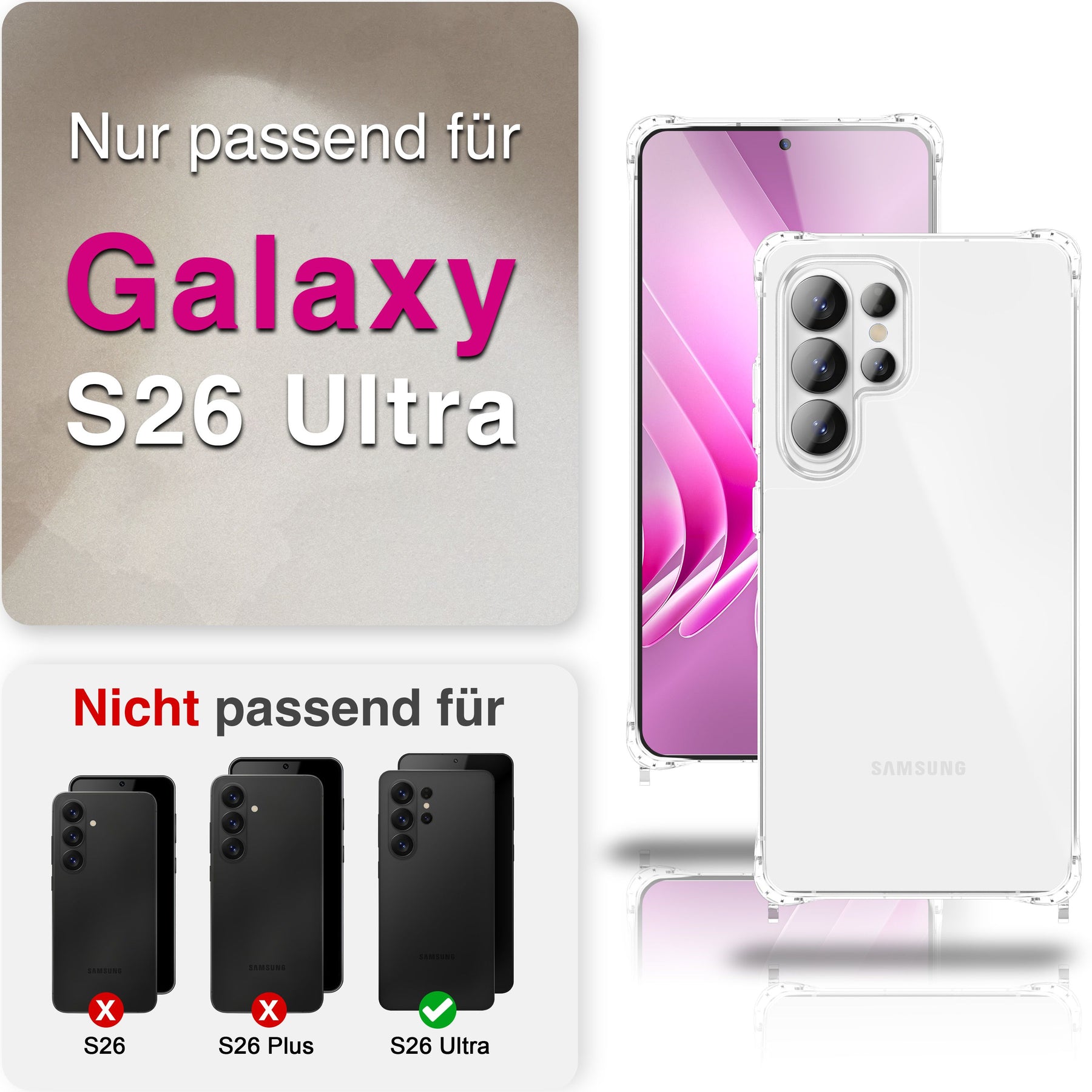 NALIA Handykette für Samsung Galaxy S26 Ultra – Transparentes Hybrid-Case & Band – HANGIT PRO (Anti-Gelb Rückseite & Verstellbar) – Marke aus Berlin Sandstein Beige NALIA Klare Hüllen