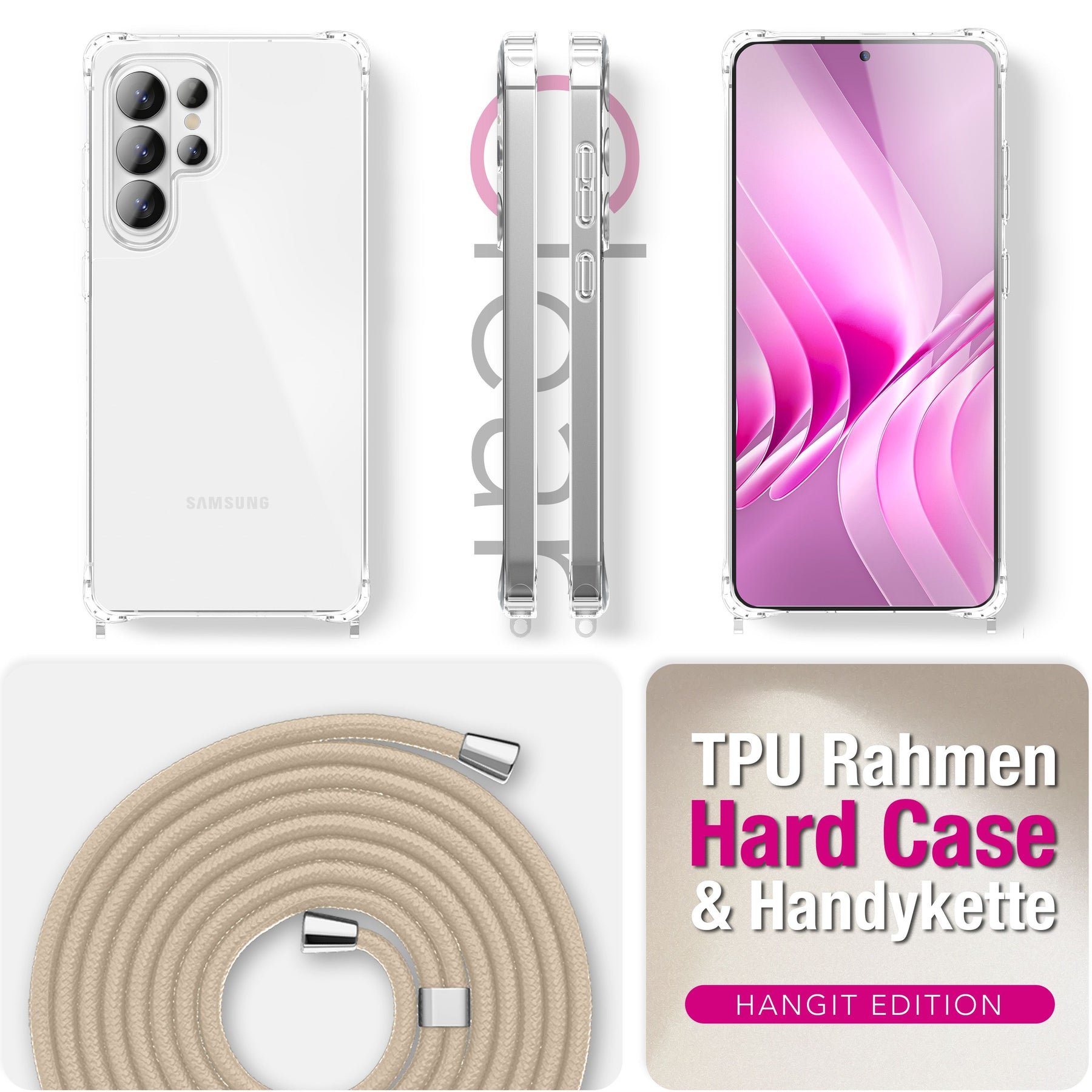 NALIA Handykette für Samsung Galaxy S26 Ultra – Transparentes Hybrid-Case & Band – HANGIT PRO (Anti-Gelb Rückseite & Verstellbar) – Marke aus Berlin Sandstein Beige NALIA Klare Hüllen