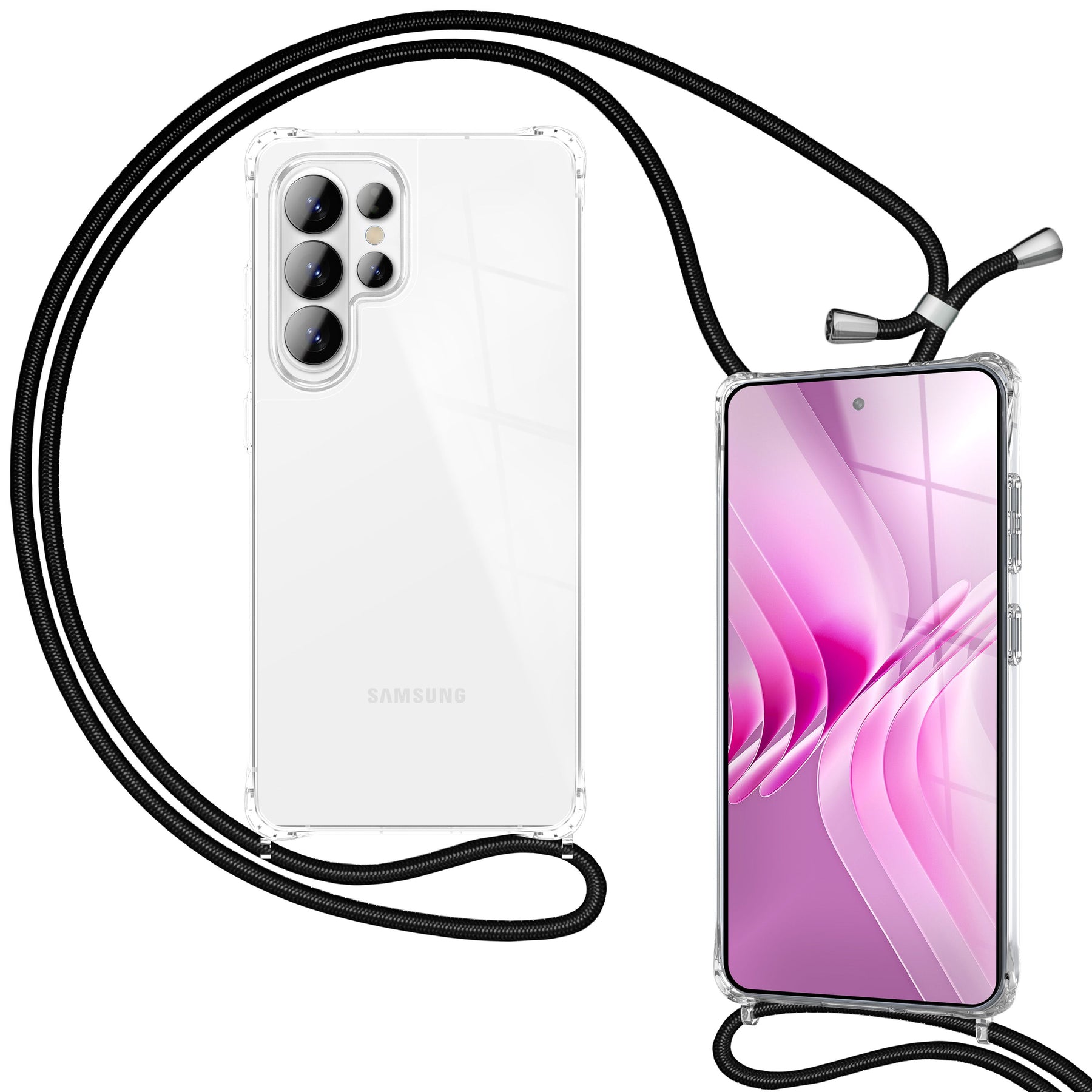 NALIA Handykette für Samsung Galaxy S26 Ultra – Transparentes Hybrid-Case & Band – HANGIT PRO (Anti-Gelb Rückseite & Verstellbar) – Marke aus Berlin Mitternacht Schwarz NALIA Klare Hüllen