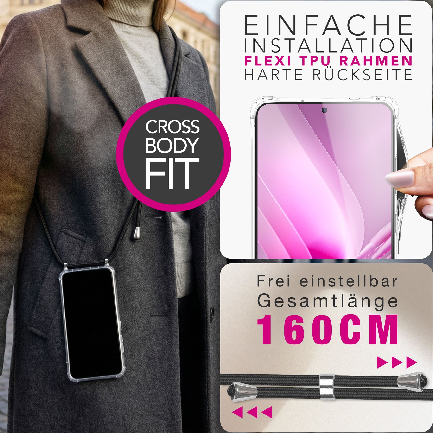 NALIA Handykette für Samsung Galaxy S26 Ultra – Transparentes Hybrid-Case & Band – HANGIT PRO (Anti-Gelb Rückseite & Verstellbar) – Marke aus Berlin Mitternacht Schwarz NALIA Klare Hüllen